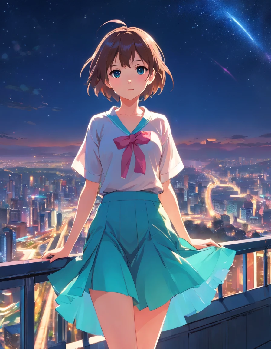 ((From the top)), (((full body Esbian))), ((Photorealsitic)), Beautiful young girl, Delicate face, Shy Expressions, Sexy Goddess, Slender Leg, cold light, the night, starrysky, (Long shirt, cropped shoulders, pleatedskirt), (in pink, cyan colors, white colors), Detailed scene, beautiful digital illustrations, detaileds,ultra-detailliert, (best qualtiy,tmasterpiece)