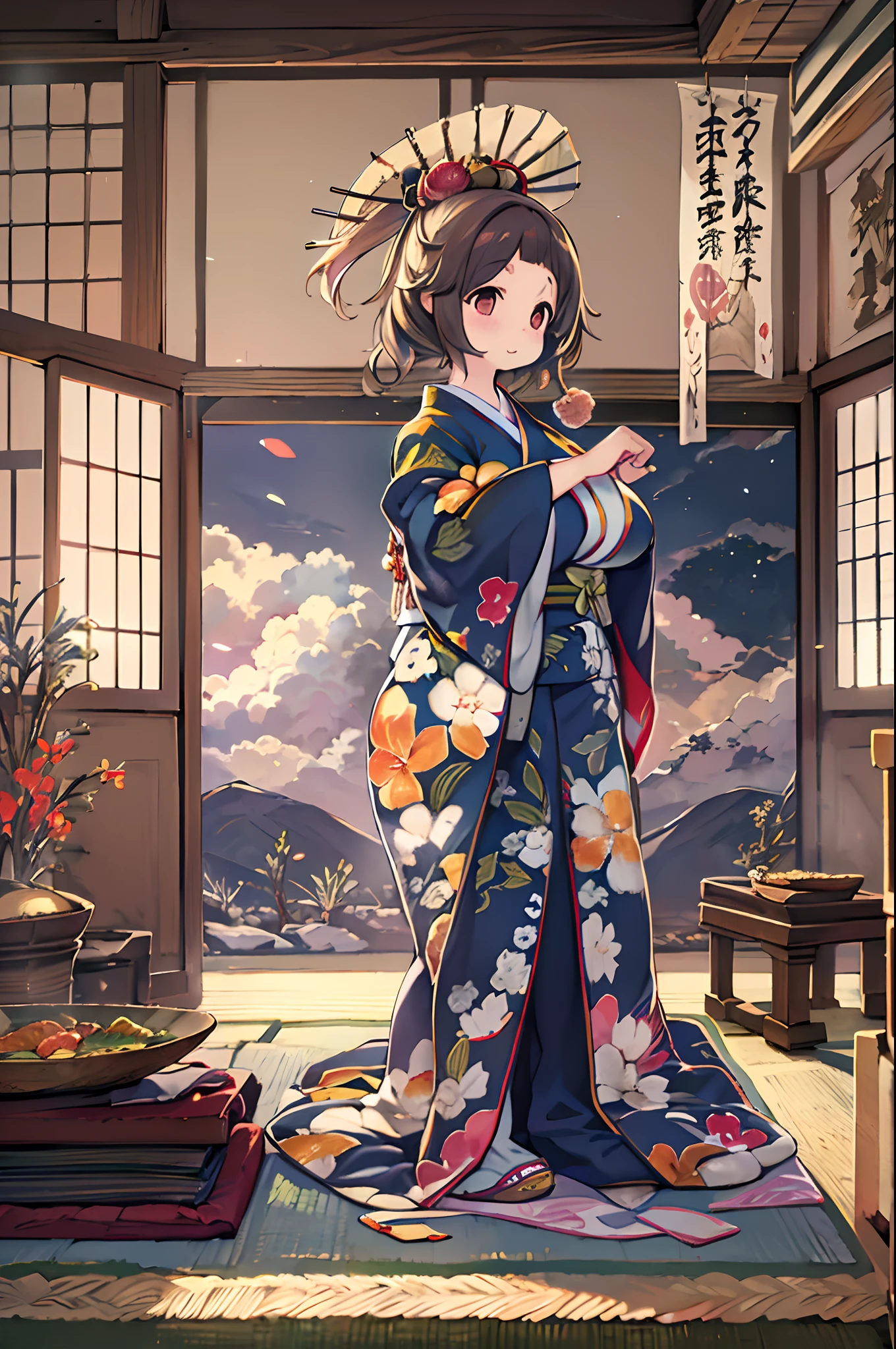 (8K, Best Quality, masutepiece, Ultra high definition: 1.2),Kimono,traditional Japanese room,Hakama,fullllbody、huge-breasted、bbw、BBW、Anime style、Chubby