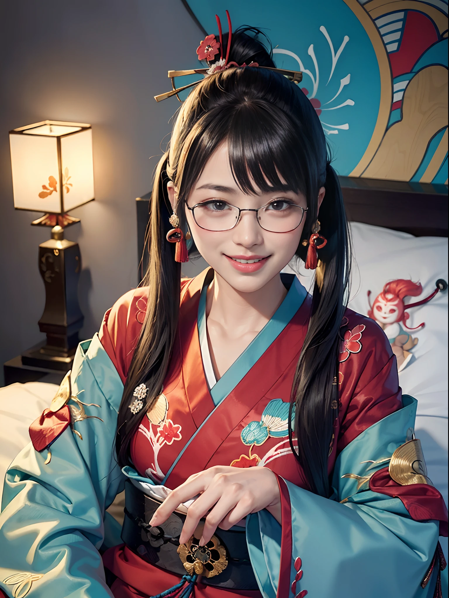 (rokoko:1.5),Background of details(Lying in bed:1.2),BREAK ,elaborate costume(Luxury kimono(Colorful kimono(detailed embroidery(Yokai embroidery)))),BREAK,(1 Beautiful and classy adult woman(Shy smile:1.5)(Japanese actressl:1.2)(glossy dark hair(poneyTail:1.2))),(eye glass(four corners:1.2)),(Have a soft-serve ice cream:1.2),BREAK,Wallpapers 16K,Blur the background,(masutepiece:1.5),(Best Quality:1.5),(Portrait photos:1.5),full body Esbian