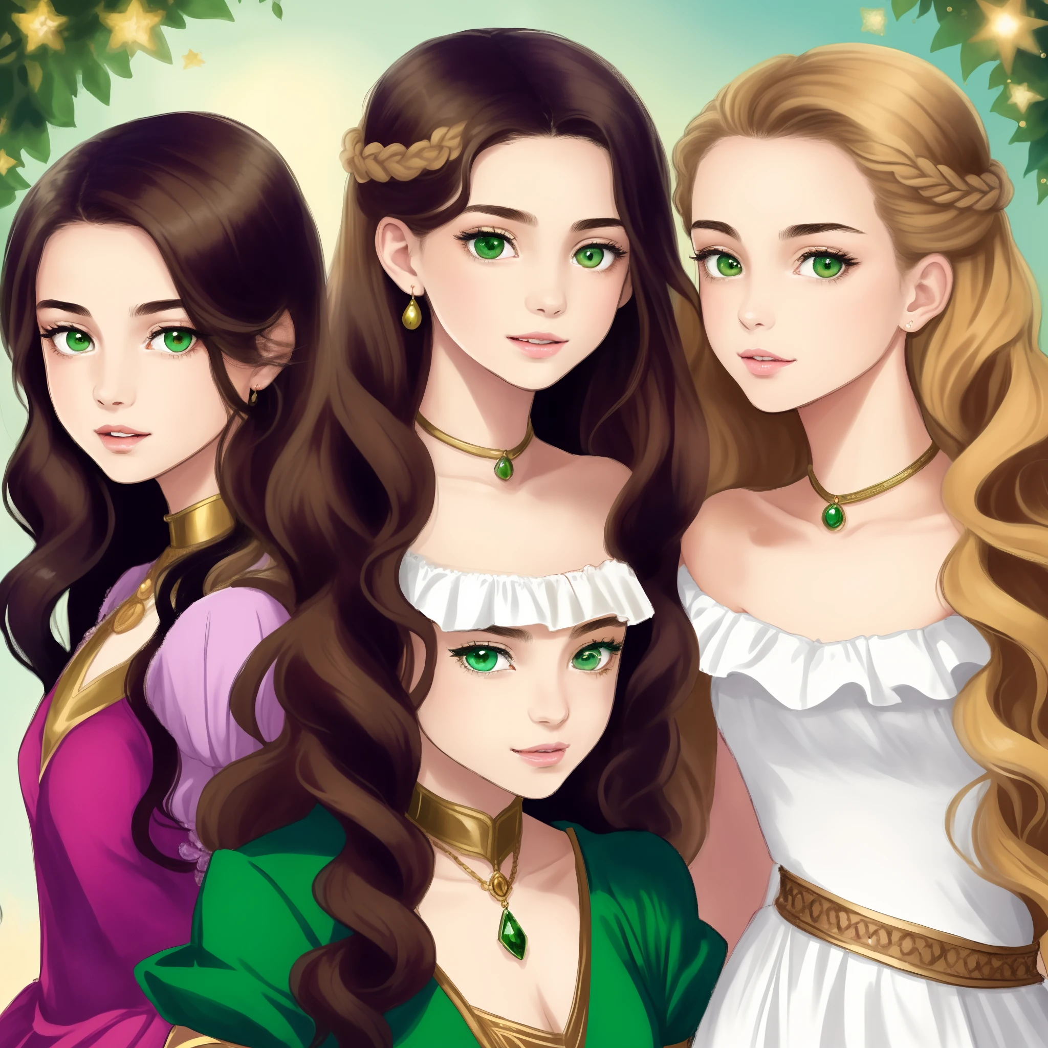 a image for a book cover named(Reino da Amizade) that shows two Princess Sisters, Malu the older sister whit long curly brown hair ands brown eyes and really light brown skin, and Catarina, the younger one whit shorter blond hair and green eyes, and light skin, they live in a magical real very colorful whit a lot of magical creatures