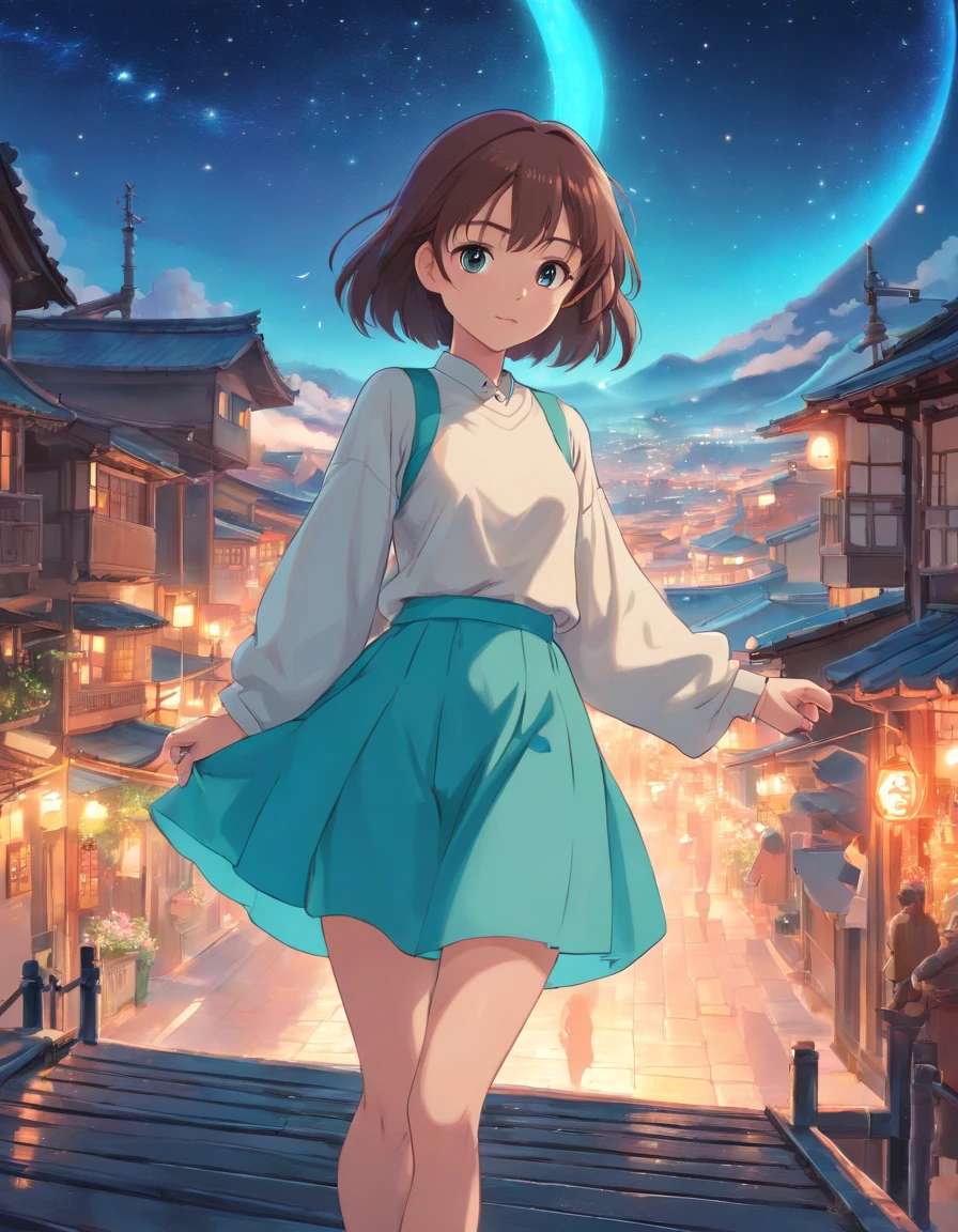 ((From the top)), (((full body Esbian))), ((Photorealsitic)), Beautiful young girl, Delicate face, Shy Expressions, Sexy Goddess, Slender Leg, cold light, the night, starrysky, (Long shirt, cropped shoulders, pleatedskirt), (in pink, cyan colors, white colors), Detailed scene, beautiful digital illustrations, detaileds,ultra-detailliert, (best qualtiy,tmasterpiece)