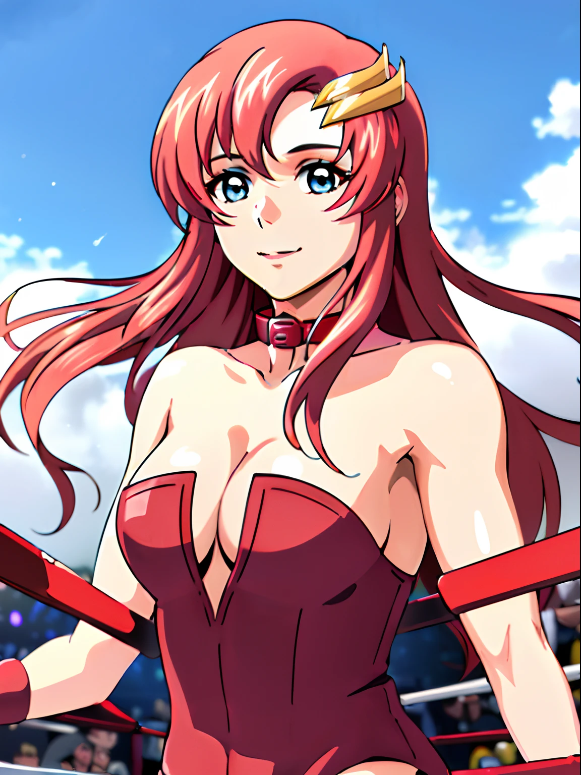 (((red strapless wrestling outfit, collar, red boots))), (upper body view, masterpiece, big mouth, 4K, Best Quality, Anime style: 1.9,, Adult Woman, (cloud background), Drawing lines, Anime, lacus4), 1girl, Solo, , Long hair, 鎖骨, scapular, (wide bangs, missy hair, floating hair, Hair Ornament, Detailed reddish-pink hair, golden crest), large hands, (). (Big blue eyes), ((little biceps, slender body, hourglass figure, broad shoulders, closed fists)), ((perfect proportions, medium breasts, cleavage, long belly)), (((mini red wrestling outfit))), ( looking at the viewer, smile),