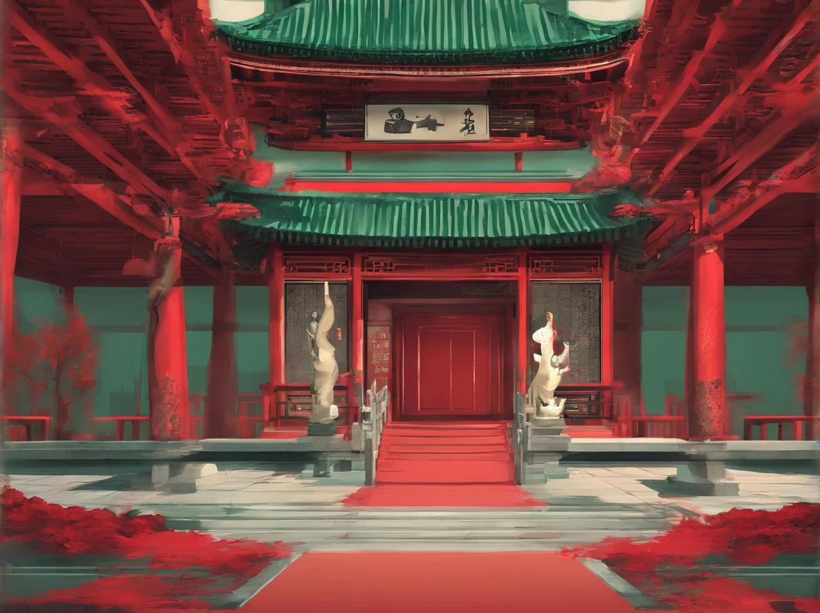 A temple with red walls and green tiles,There is a statue of my grandmother in the center,China-style