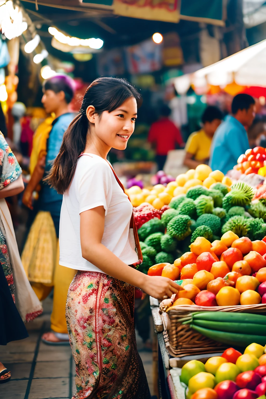 A photorealistic image of a woman walking through a busy market, with vendors selling colorful fruits and vegetables all around. Shot from a close-up angle to capture the sense of texture and vibrancy.