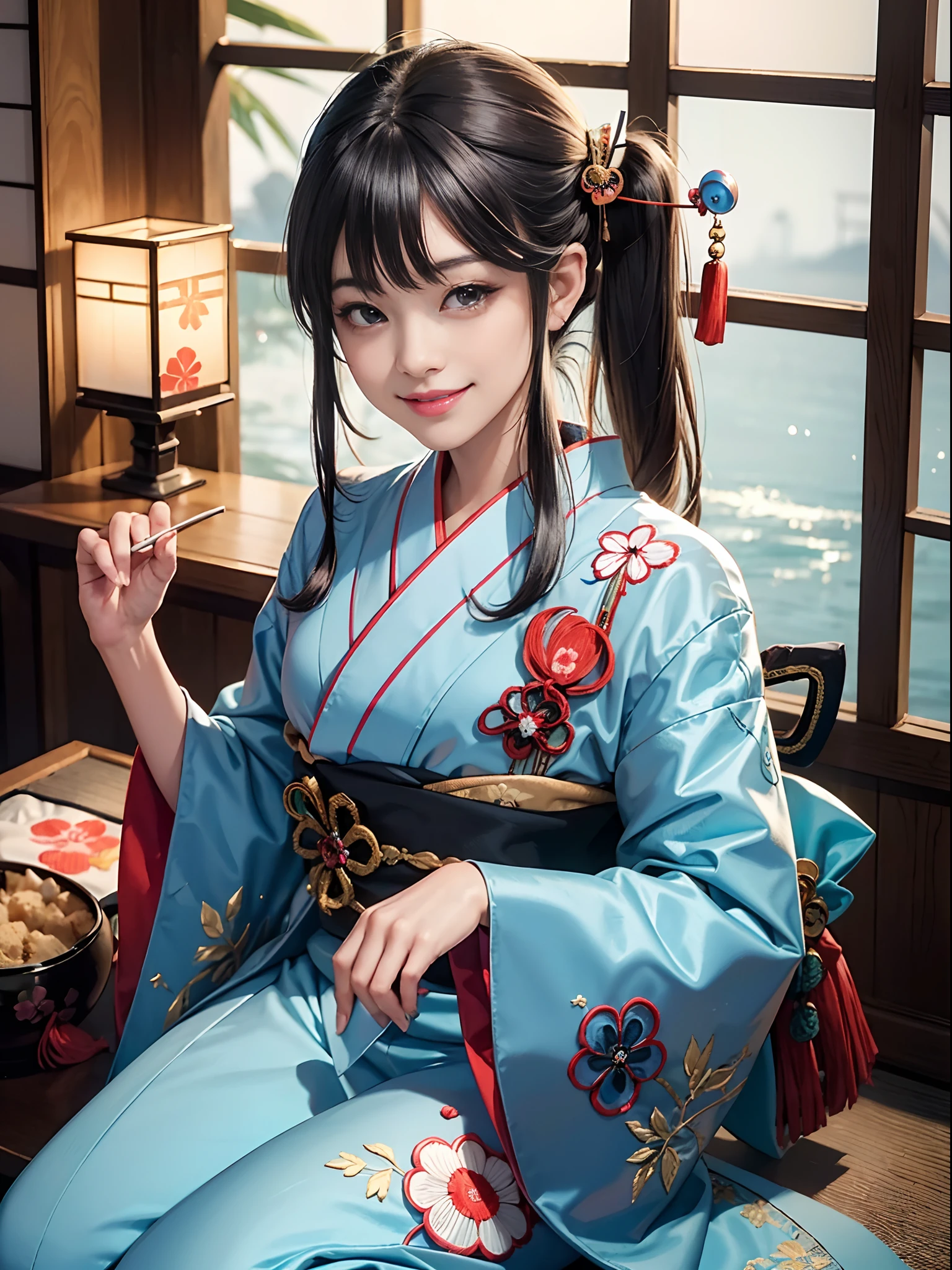 (rokoko:1.5),Background of details(Lakeside scenery outside the window:1.2),BREAK ,elaborate costume(Luxury kimono(Colorful kimono(detailed embroidery(Yokai embroidery)))),BREAK,(1 Beautiful and classy adult woman(Shy smile:1.5)(Japanese actressl:1.2)(glossy dark hair(poneyTail:1.2))),(eye glass(four corners:1.2)),(Have a soft-serve ice cream:1.2),BREAK,Wallpapers 16K,Blur the background,(masutepiece:1.5),(Best Quality:1.5),(Portrait photos:1.5),full body Esbian