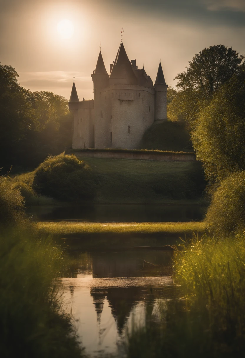 house, castle, grass, Realism, depth of field, cinematic lighting, symmetry, god rays, UHD, masterpiece, 4K, best quality, high details, highres