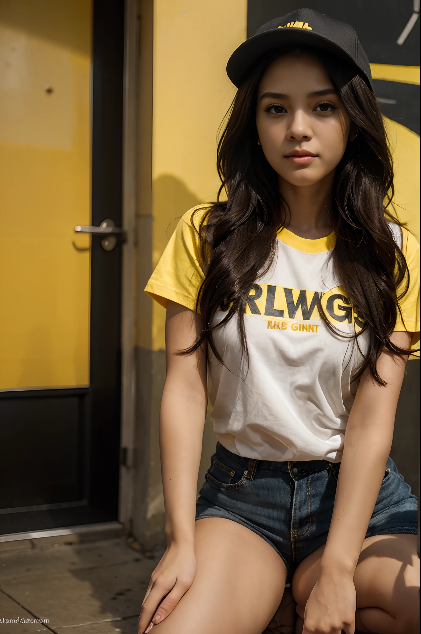 RAW Photo, DSLR BREAK (kkw-ph1:0.9) BREAK full body portrait of ung 20yo woman, black wavy hair, wearing plain yellow trucker cap, wearing plain yellow t shirt, perfect eyes, perfect lips, perfect nose, professional color graded, wonderful woman, dark background, cute woman, filipina, pinay, filipino woman