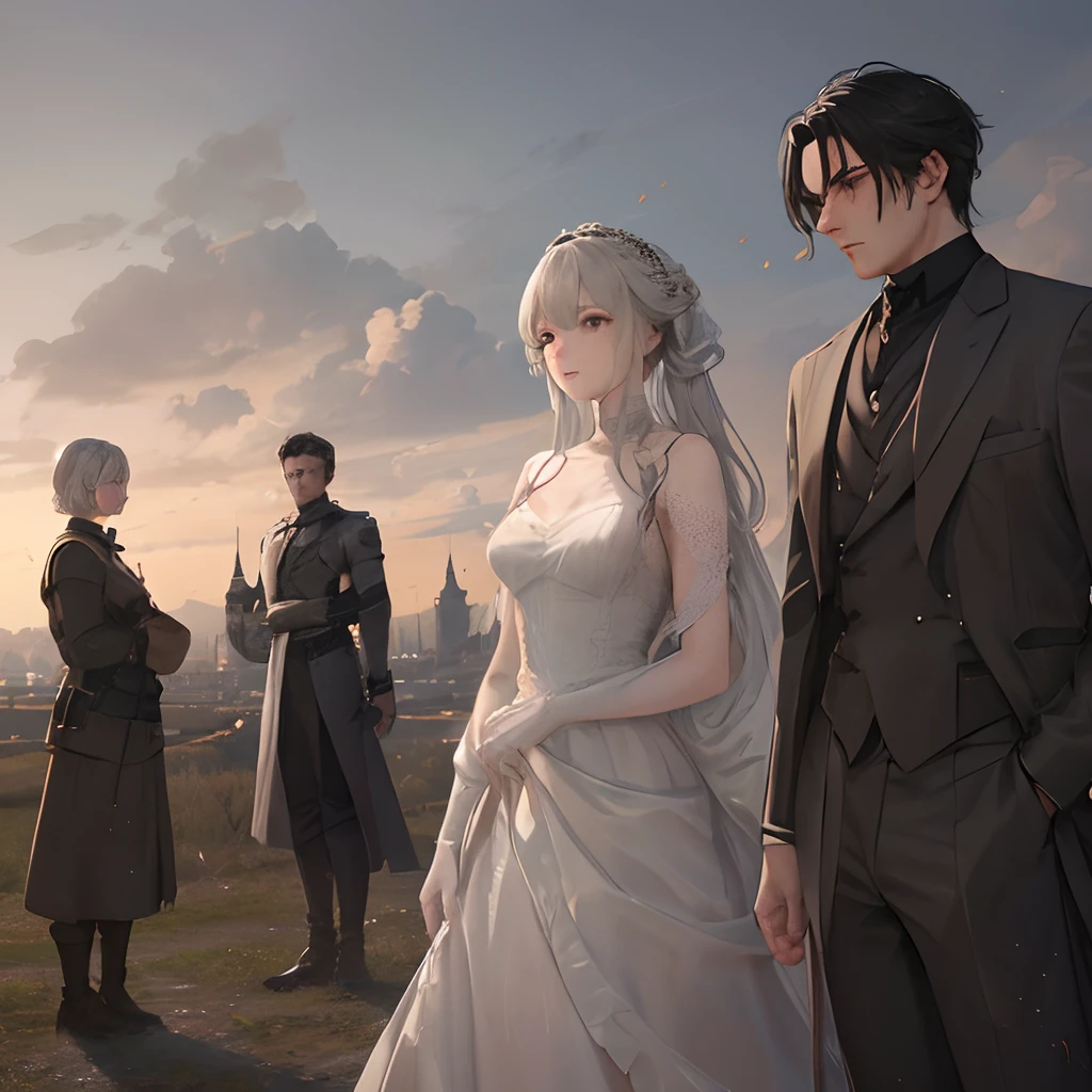 Gray khaki hair gradient、Staring into the distance with hollow greige eyes、Wear a dress that shows breasts、Abandoned European buildings、Skin illuminated by the setting sun、both sexes、Men in supporting roles are gentlemen、Medieval European gentleman style、Greige slightly black hair、Bandits surround、Gentlemen protect、