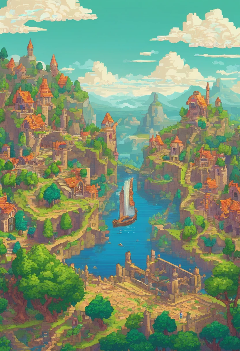 Fantasy world, wonderful, Full of fantasy and fiction, coloring, Low brightness, Medium brightness (Artistically), The landscape presents a civilization that blends the Middle Ages and Futurism, Beautiful