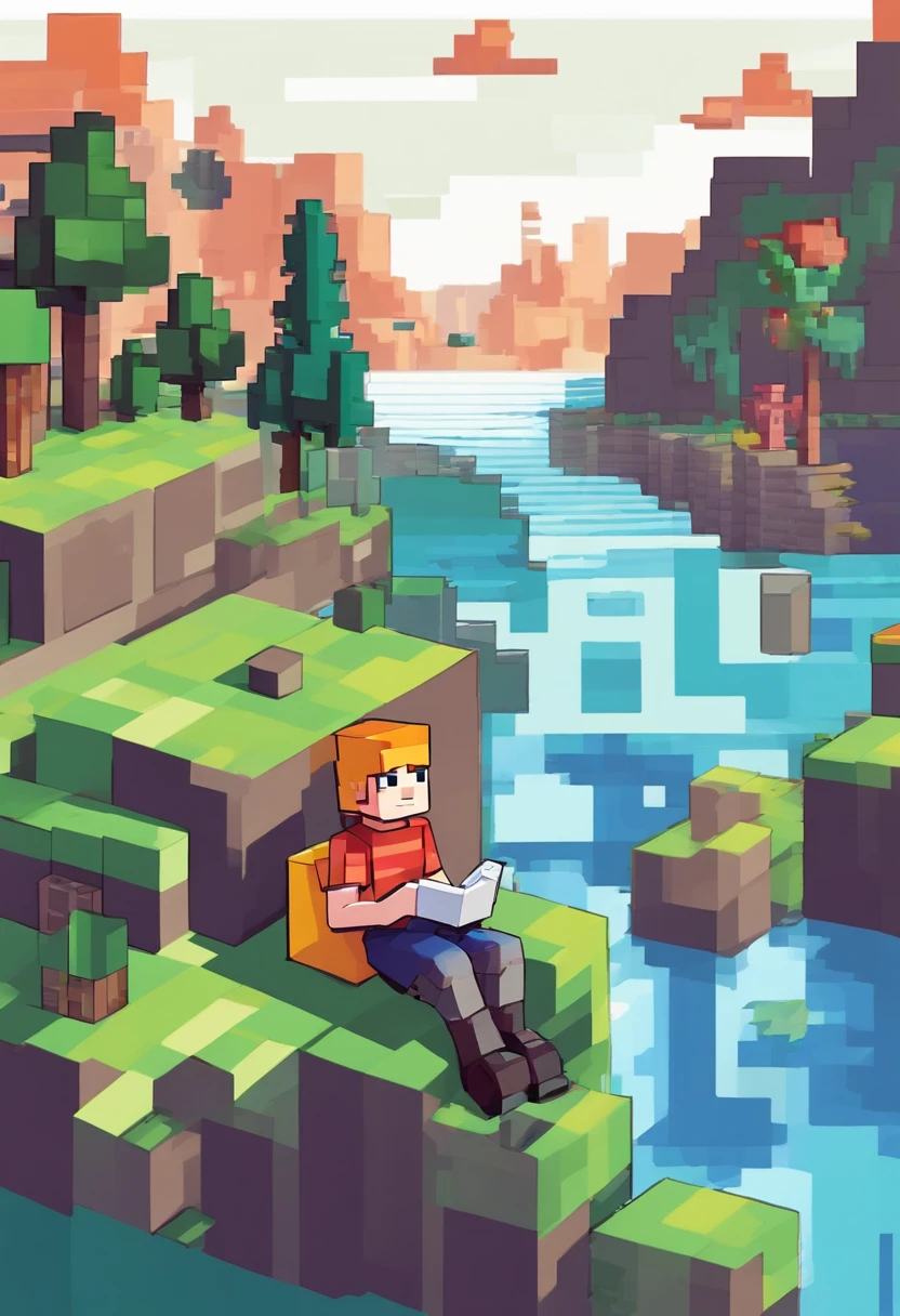 a boy sitting near a river