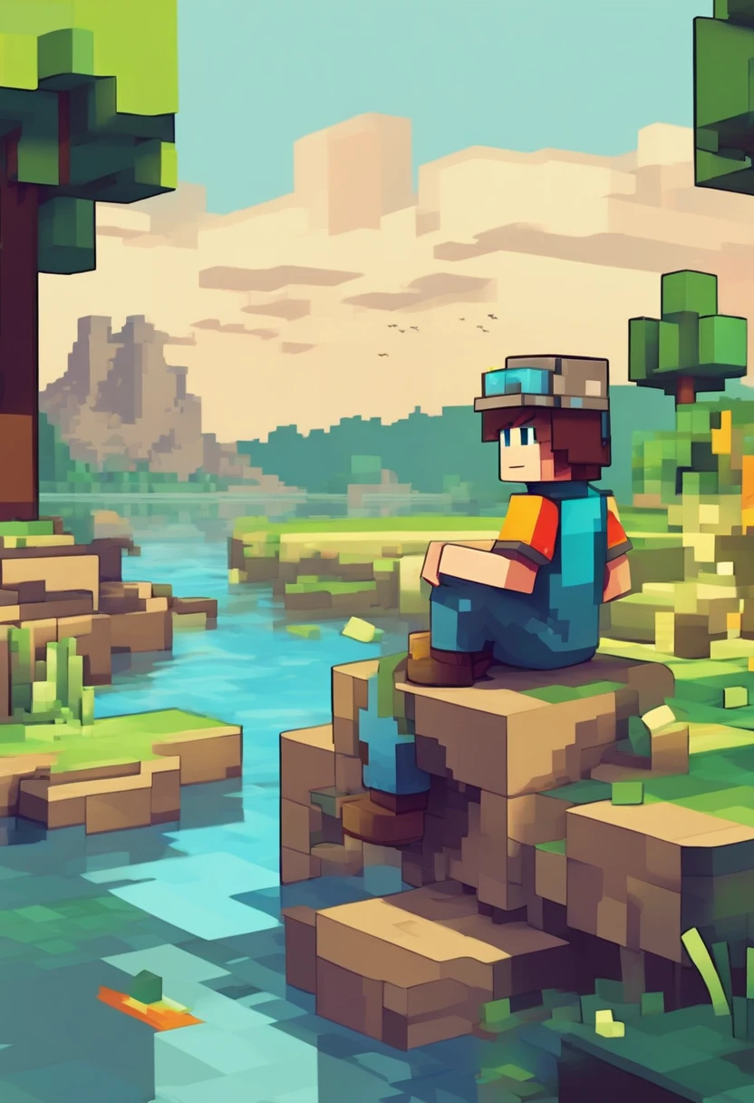 a boy sitting near a river