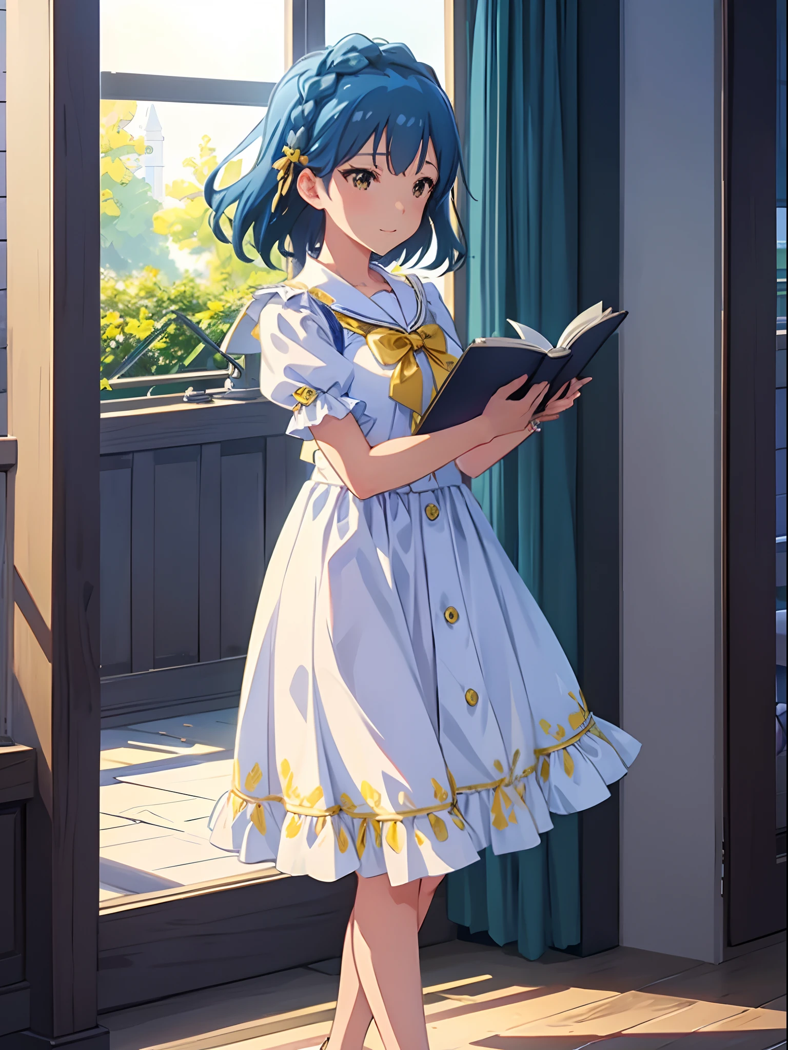 yuriko nanao (million live), 1 girl, Solo, Best Quality, masutepiece, 8K, High resolution, Ultra-detailed,cowboy shot, From Side, Standing, lightsmile, Light blue dress, Sailor Color Dress, Short sleeves, Puffy sleeves, Yellow cardigan, holding books, In the school, hallway,