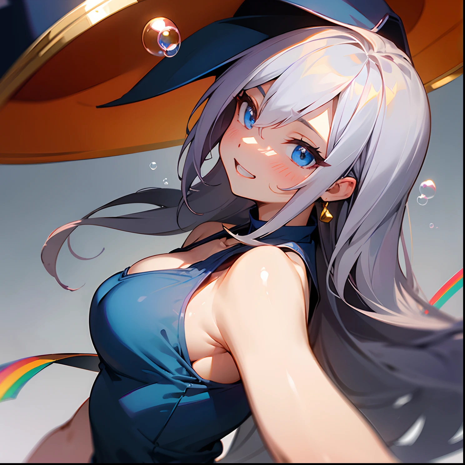 Dark Magician Girl、MKSKS style、(3 people:1.2)、(highly detailed back ground:1.0)、(highly detailed back ground:1.0)、masterpiece、top-quality、超A high resolution、in 8K、BREAK、(Silver and golden hair、Very long hair)、BREAK、Detailed clothing、Pale red tank top、Detailed skin、glowy skin、A detailed eye、Blue eyes、looking in camera、Burning cheeks、Laugh、Large breasts、BREAK、(Soap bubbles:1.2、rainbows、White background)、Daytime、dynamic ungle
