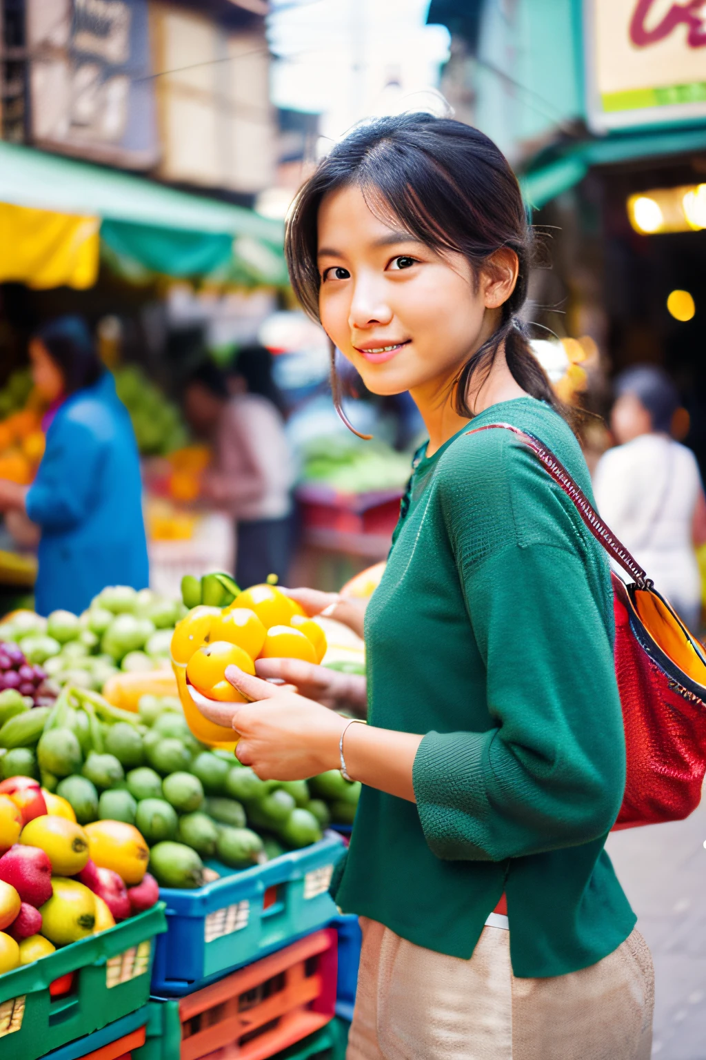 Photorealistic depiction of a woman,portraite of a, walking through a bustling market, with vendors, selling colorful fruits and vegetables everywhere. Close-up shooting, to convey a sense of texture and brightness.