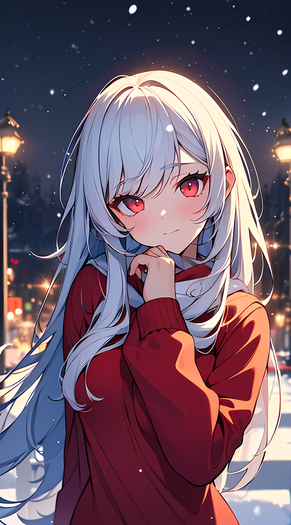 (best quality,4k,8k,highres,masterpiece:1.2),ultra-detailed,(realistic,photorealistic,photo-realistic:1.37),1girl,red eyes,wearing red hoodies,city,winter snow,night,absurdres,high res, ultrasharp, 8K, masterpiece, looking at viewer, fantasy, magical, snowy rooftops, frosty breath rising, glowing streetlights, ethereal atmosphere, dreamlike, serene, quiet streets, distant city skyline, soft falling snowflakes, intricate details of the girl's face and outfit, delicate snowflakes on her eyelashes, mysterious expression, enchanting beauty, captivating gaze, snow-covered trees, blurred lights in the background, vibrant red contrasted against the white snow, mesmerizing scene, evoking a sense of wonder and magic.