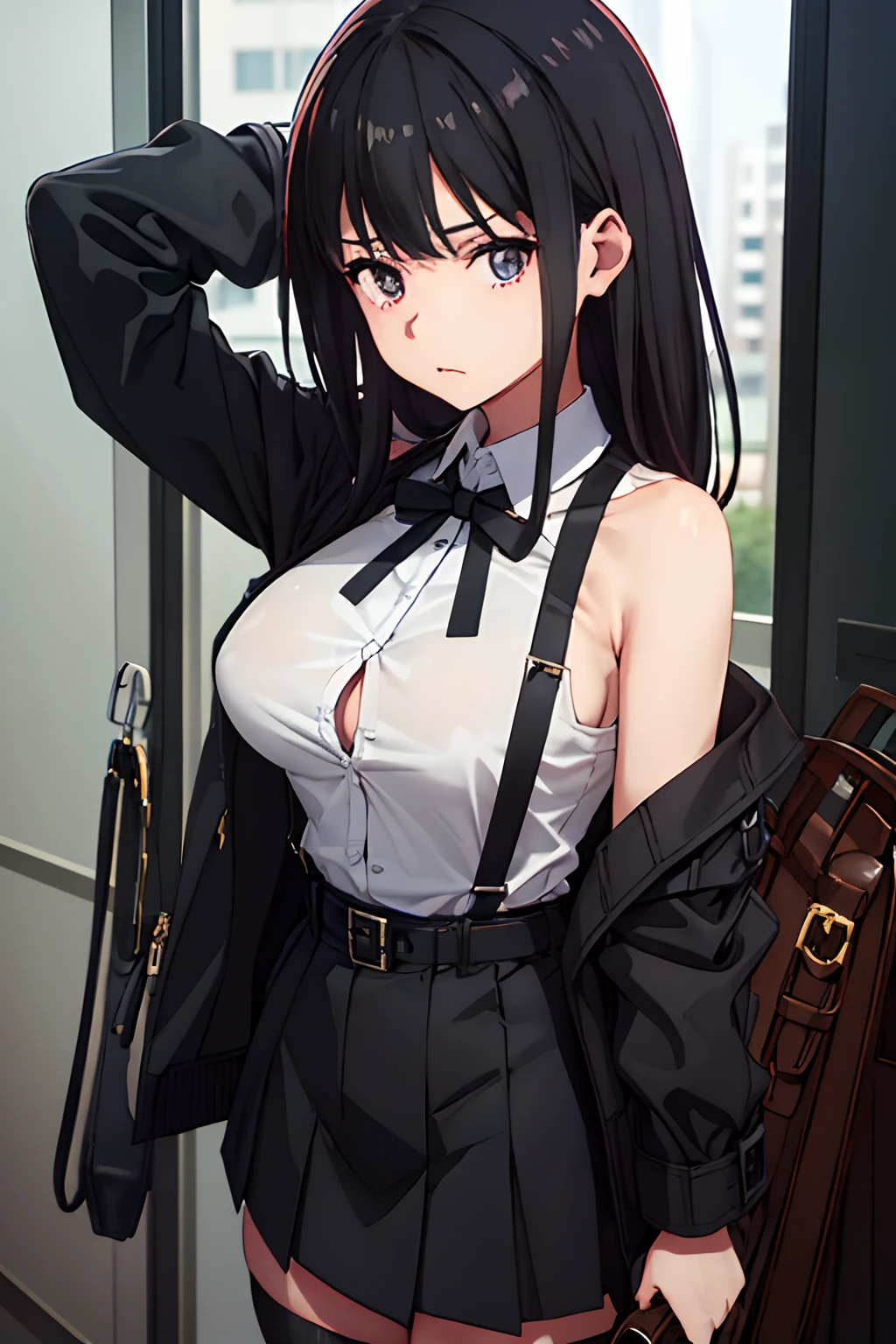 Suit,Collared shirt,Belt bag,Suspenders Black Miniskirt　garterbelts　knee high　Stockings　Black Niso　Colorcon armpit sweat　perspiring　Side of both hands,Black jacket,Gaze,ample bosom,Armpit sweat,Exposing the armpits"Tight clothes、Cuffed、Wristband Bangs Center Parted　masks