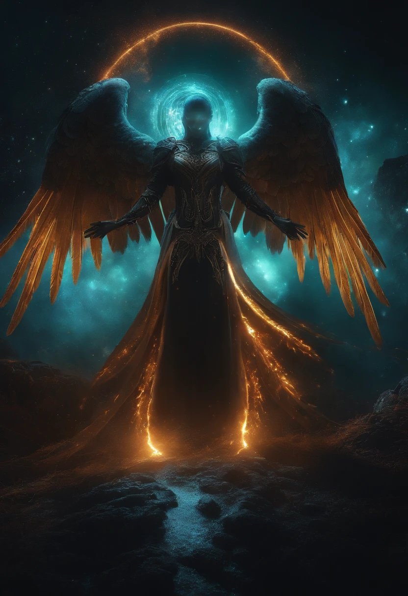 Cosmic Fallen Angel, glowing light eyes, Biomechanical, eerie, Creepy, nightmarish, Very bright colors, Light particles, with light glowing, Mshiff, wallpaper art, UHD wallpaper