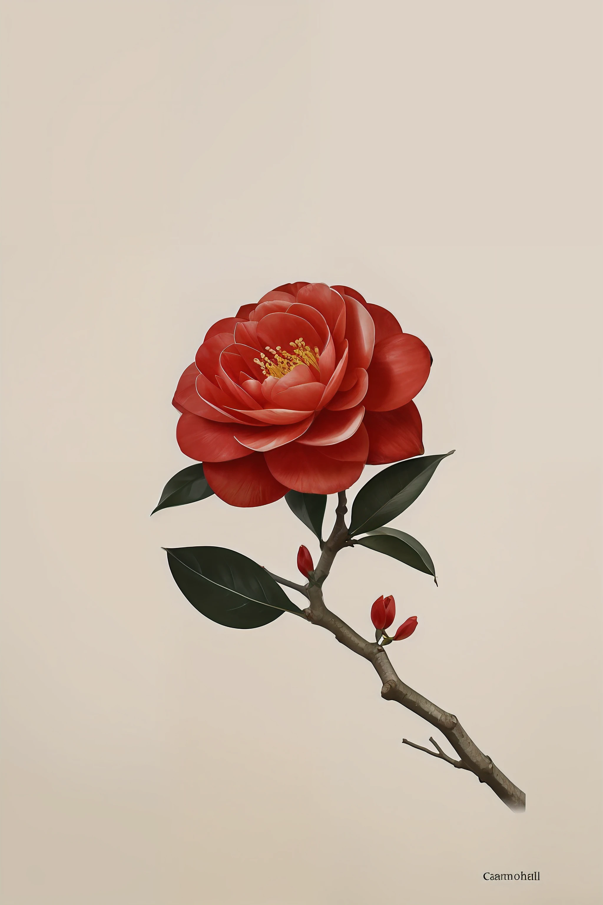 Camellias bloom on knotty branches,greybackground,simple backgound,in the style of light orange and light beige,minimalist images,photographic installations,Paleonucleus,green and crimson,ultra-realistic realism,Poetic intimacy