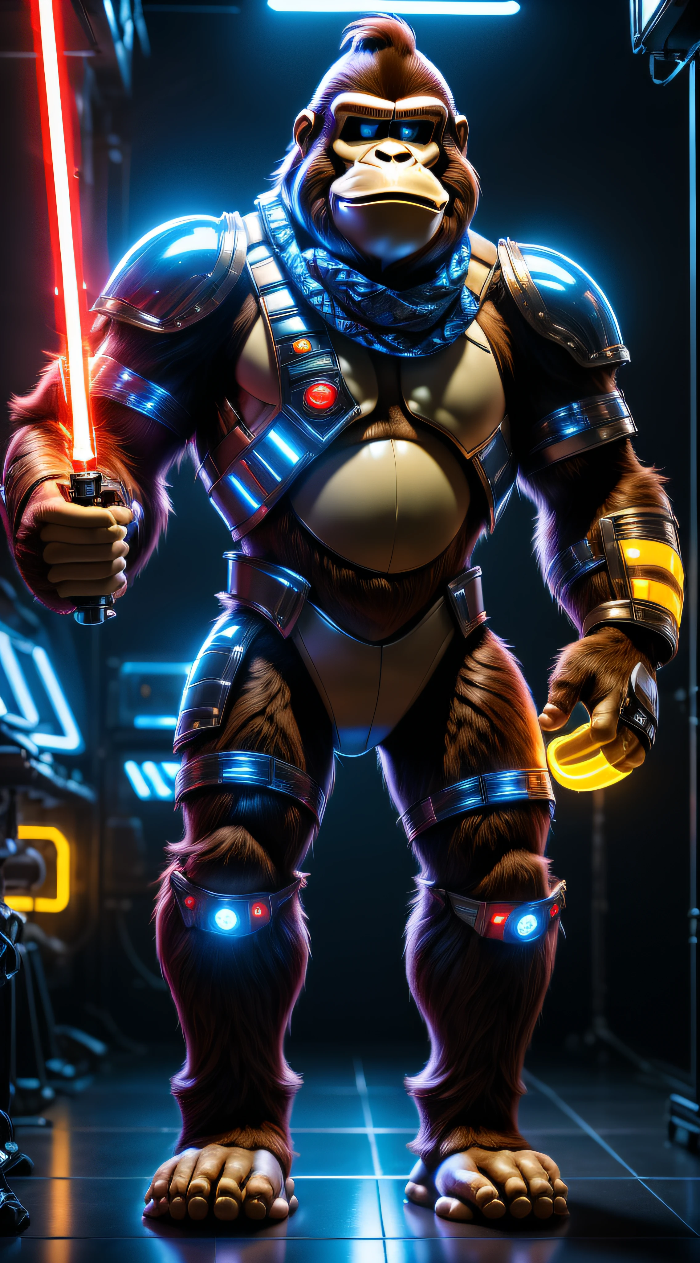 biokong is ((holding, light saber:1.2)), translucent neon body armour (white, red, cobalt), arms up, head (bandana:1.3), perfect composition, hyperrealistic, super detailed, 8k, high quality, trending art, trending on artstation, sharp focus, intricate details, highly detailed, ((full body in shot))