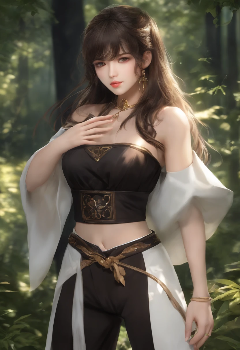 8k, best quality, masterpiece, highly detailed, semi realistic, a girl, a girl, 20 years old, looking at hands, long dark brown hair with bangs, curly hair, green eyes, black Japanese style cut clothes, white pants, bare shoulders, golden details, thin figure, cold expression, battle scenes, outdoors, forest background, with many trees and dark sky