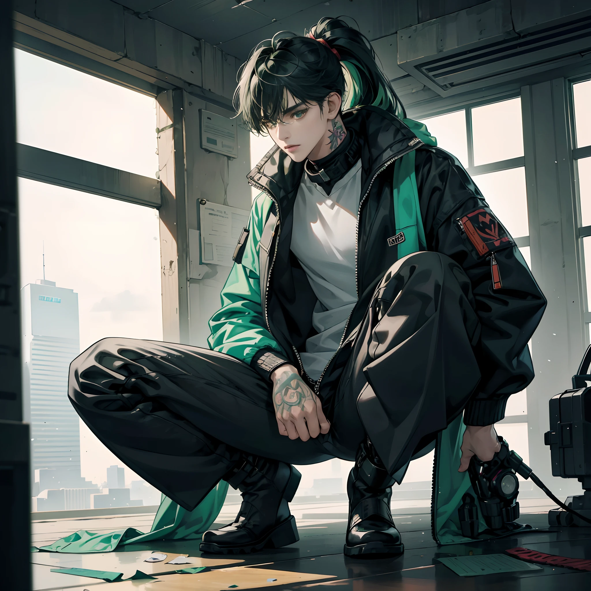 Masterpiece, Superior quality, Ultra-detailed, 8k drawing under CG unification,，Handsome boy，underdressing，Jacket jacket，Booties，Line tattoo，Black hair roots, Green hair ends，long whitr hair，Cyberpunk Style