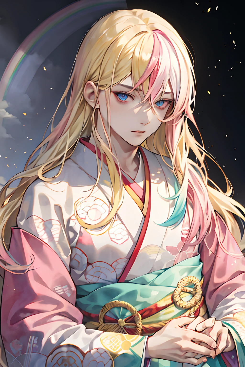 Attention on the head, a young man with ((long blonde hair with pink tips)), wearing a kimono with ((watercolor patterns)). Detail his face, focus on his calm expression and striking ((rainbow colored eyes)), ray tracing, polishing, anime