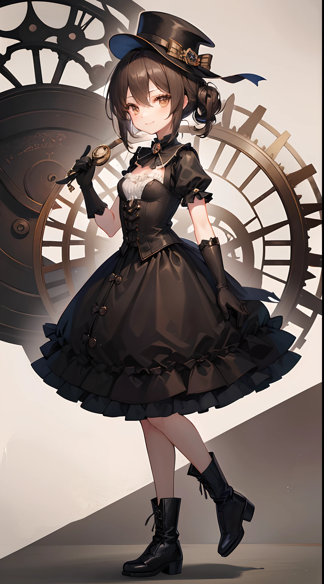 (top-quality), (​masterpiece)、(ultla detailed)、(Beautiful girl alone:1.3)、Lori、cute little、(steampunc)、Leotard Dresses、Black frills、Gears and brick background、greyt hair、(Brown eyes)、A smile、(18year old:1.3)、Medium chest、(Floating in the air)、(Chignon:1.3)、(Black boots)、(Short sleeves)、natta、Dynamic Pose、Black long gloves、Low Heels、From  above、Black Cavalier Hat、Hanging a pocket watch on a dress、Standing on the clock tower