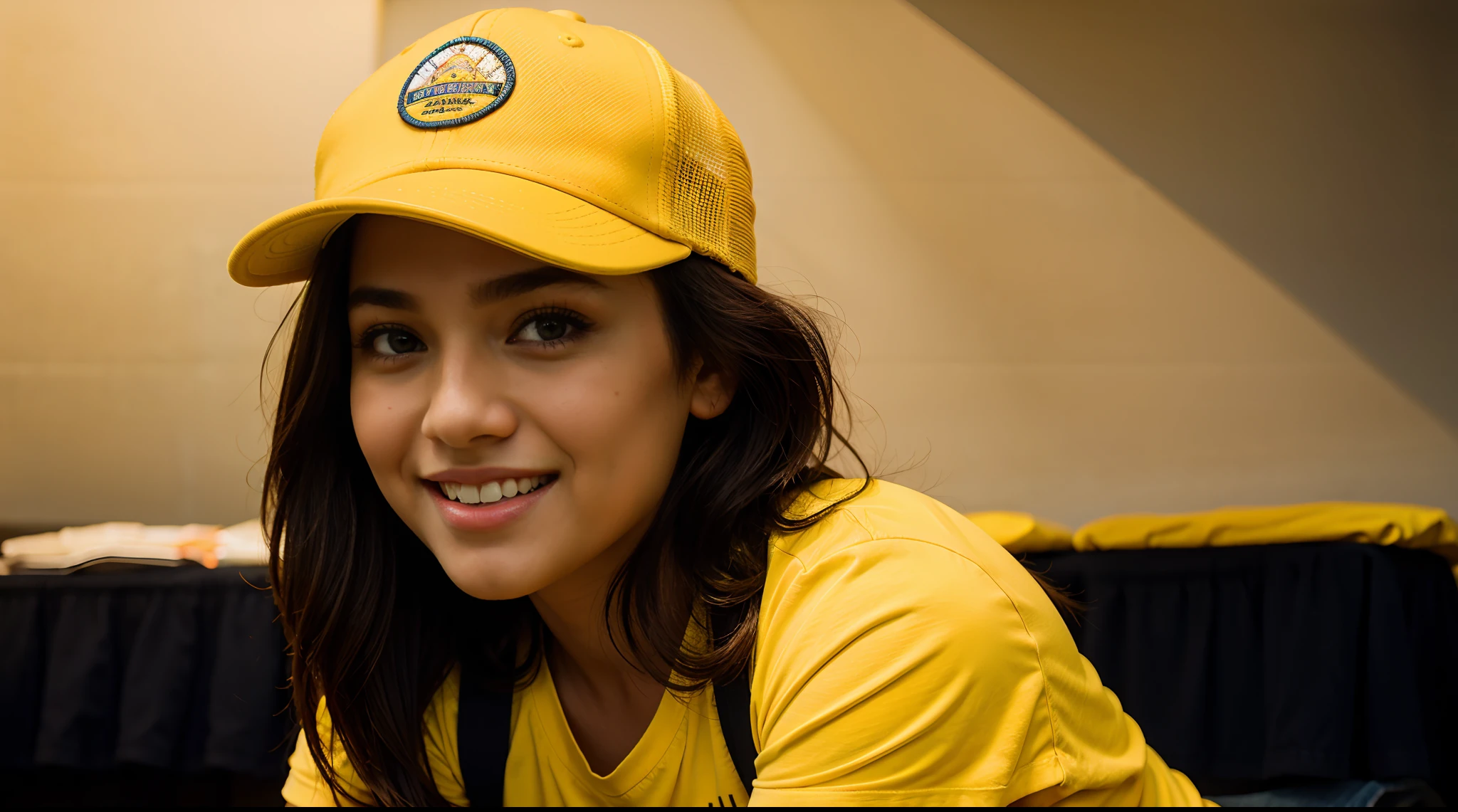 RAW Photo, DSLR BREAK (kkw-ph1:0.9) BREAK full body portrait of 1 young 20yo woman, brown hair, wearing plain yellow trucker cap, wearing plain yellow t shirt, perfect eyes, perfect lips, perfect nose, professional color graded, wonderful woman, dark background, cute woman, filipina, pinay, filipino woman, laughing, happy