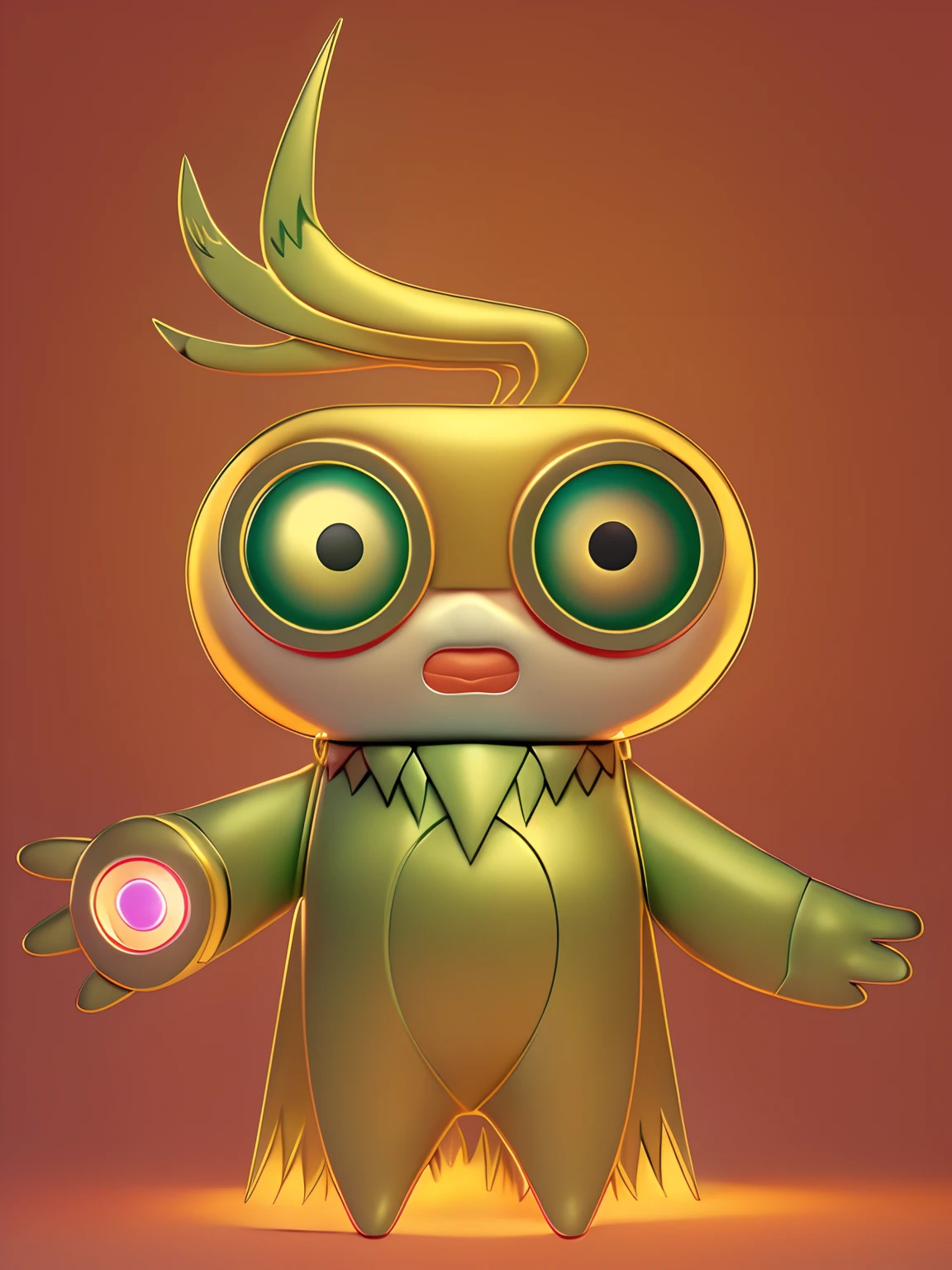 A chicken wearing a green gas mask, Left-handed white technology robotic arm,Right hand wing,red capelet,The lens lamp glows,cute big breasts,The chick,The dull hair is stained with paint,feater,Golden eye border,Beautiful color matching