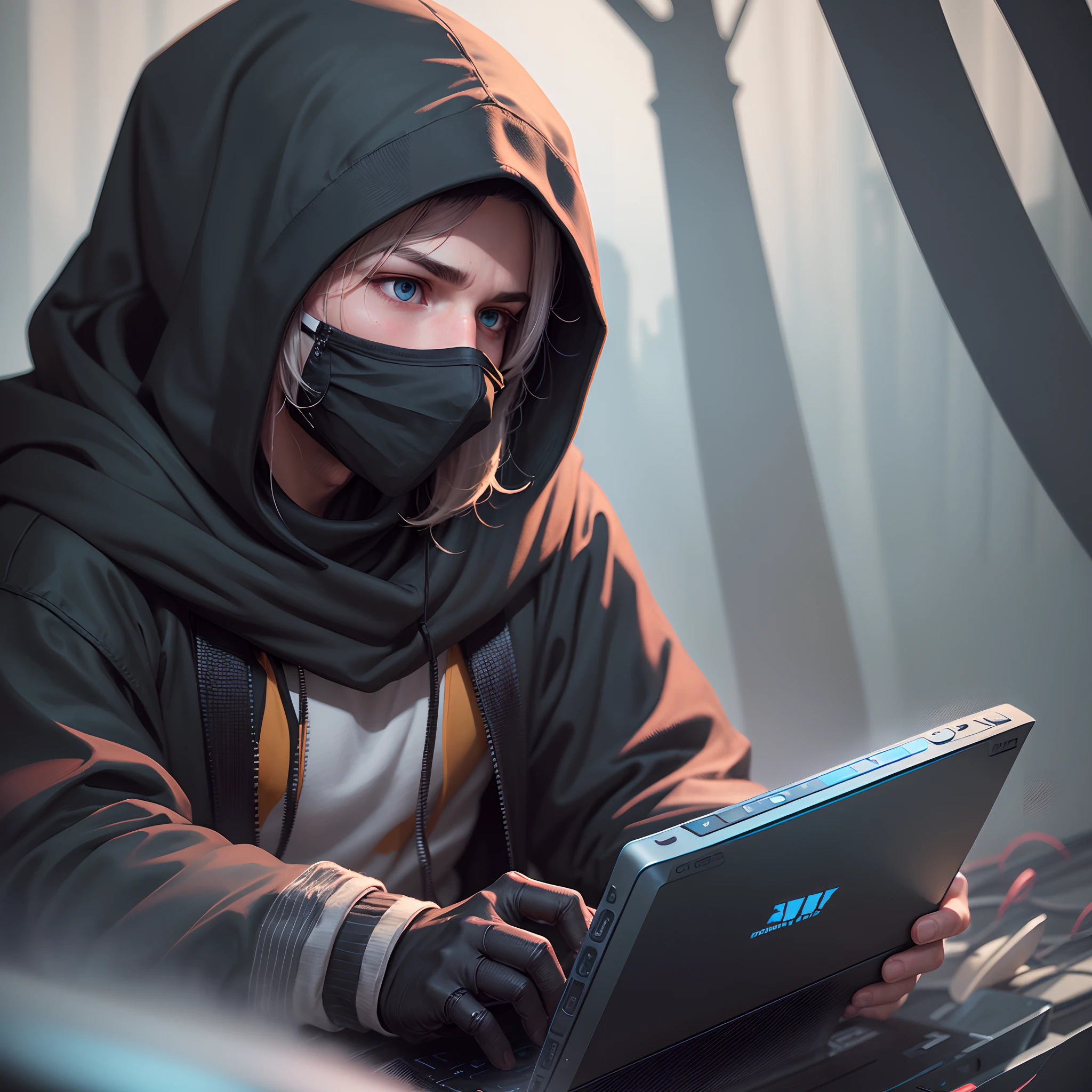 A guy who plays computer video games. His face is covered with hair and his eyes are not visible, he is wearing a black hood. --auto --s2