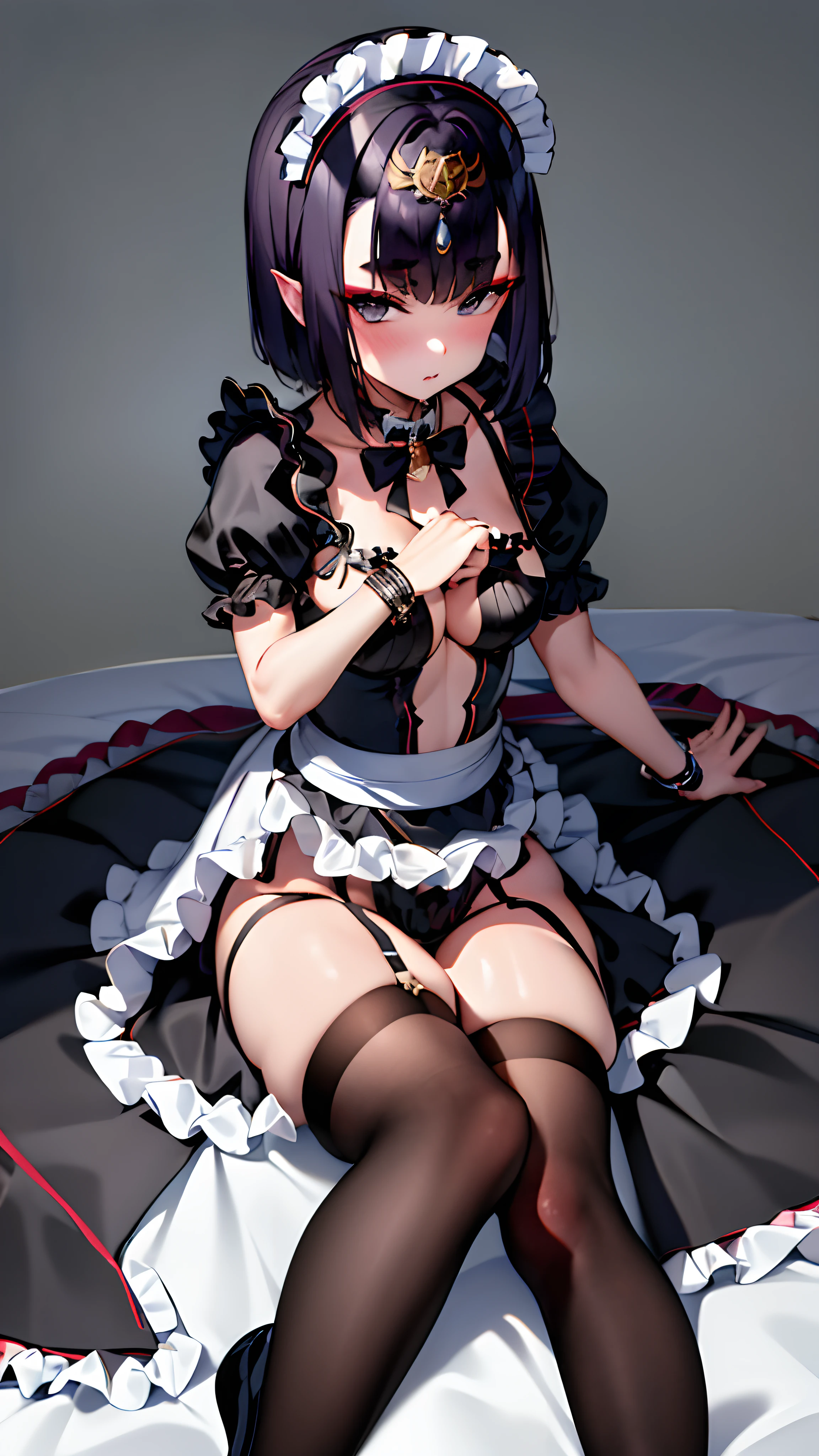 (Best quality,Masterpiece:1.2),1girll,solo performance,Martial artist,maid,Servant headdress,helmet,Detached collar,neck bowtie,Puffy sleeves,Black dress,Bracelet,maid apronl,a garter belt,Black stockings,High-heeled shoes,full bodyesbian,Skirt lift,Woman sitting on bed, M legs,slim leg
