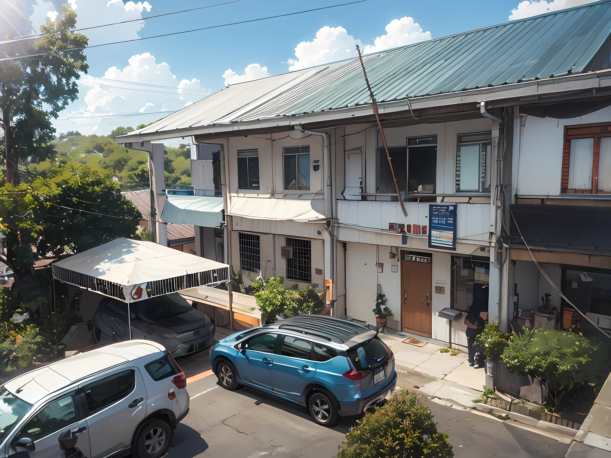 cars parked in front of a modern building, centre image, full building, two building facing eacth other, full - view, outside view, multistory building, mid-view, exterior view, white building, white painted building, painted building, building facing, front side view, japanese high school, ground view, office building, ground - level view, ground-level view, anime, minimalistic anime, anime style, thicker lines, modern anime, realistic anime, anime scenery, anime movie, high school anime.