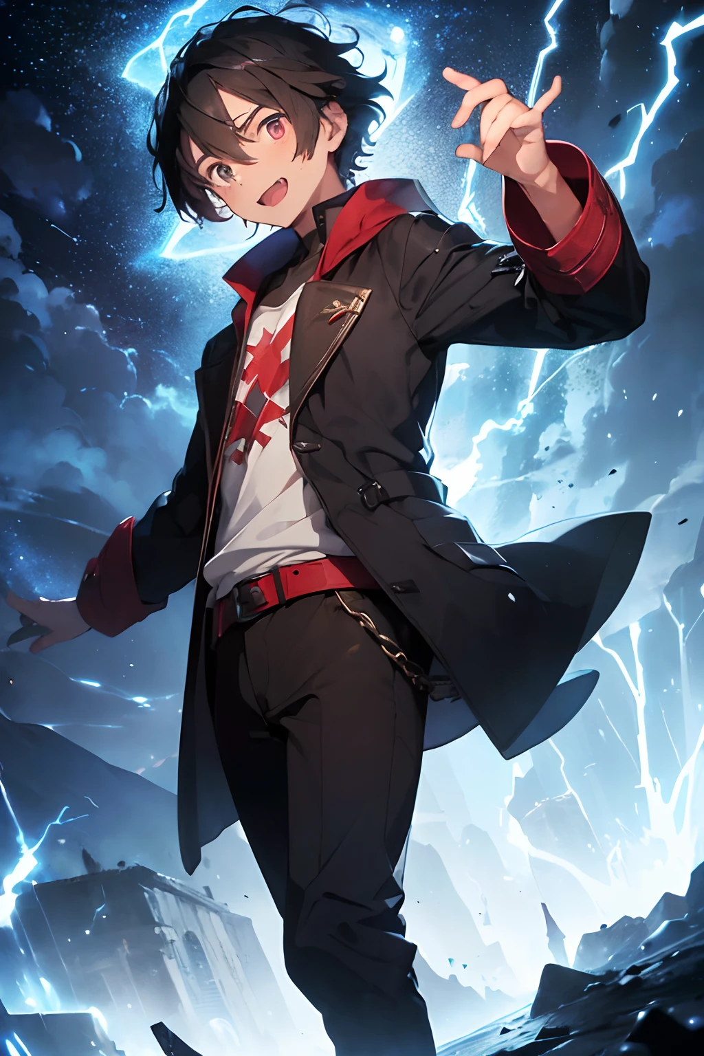((One young sorcerer around )),((with blue lightning around him)), black hair, messy short hair, male look, messy look,((fantasy poor brown sorcerer outfit, red coat)), (maniacal laugh), snapping fingers