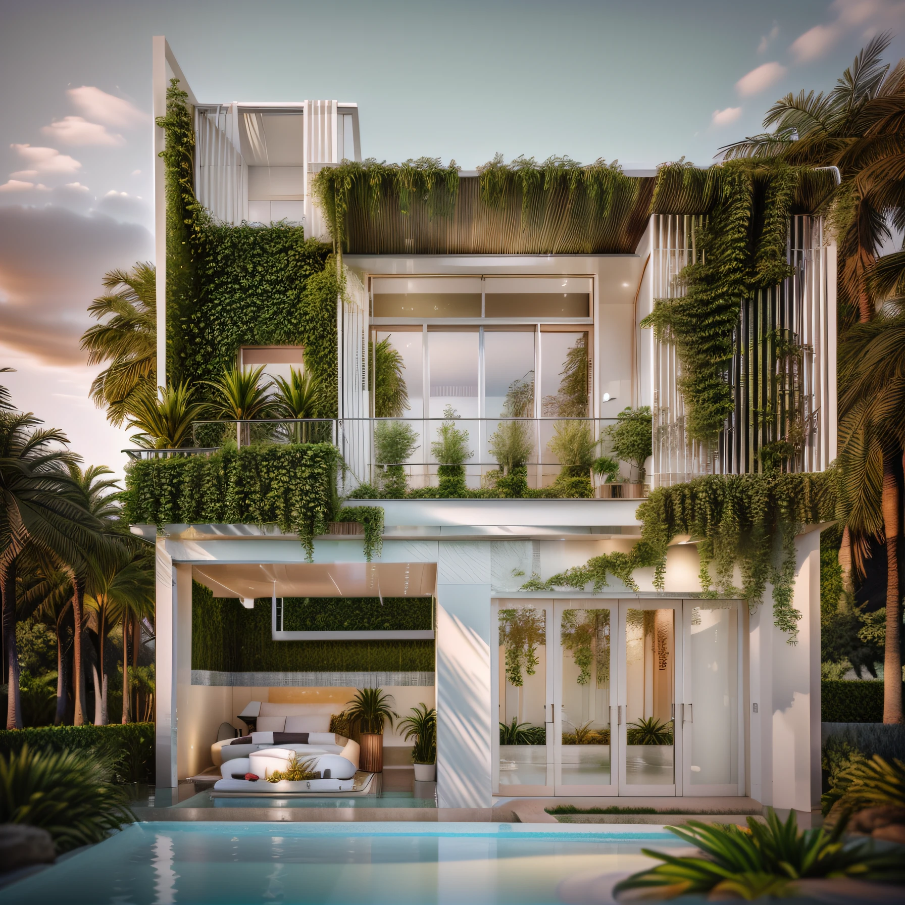 planter box on the roof, all white render, concept house, complete house, 3 d rendering, render 3 d, 3d rendering, 3 d finalrender, 3d finalrender, exterior design, 3d render, 3 d render, 3 drender, rendered in 3 dsmax, 3d final render, raw photo, a small pool with clear water, cloudy sky, garden landscape