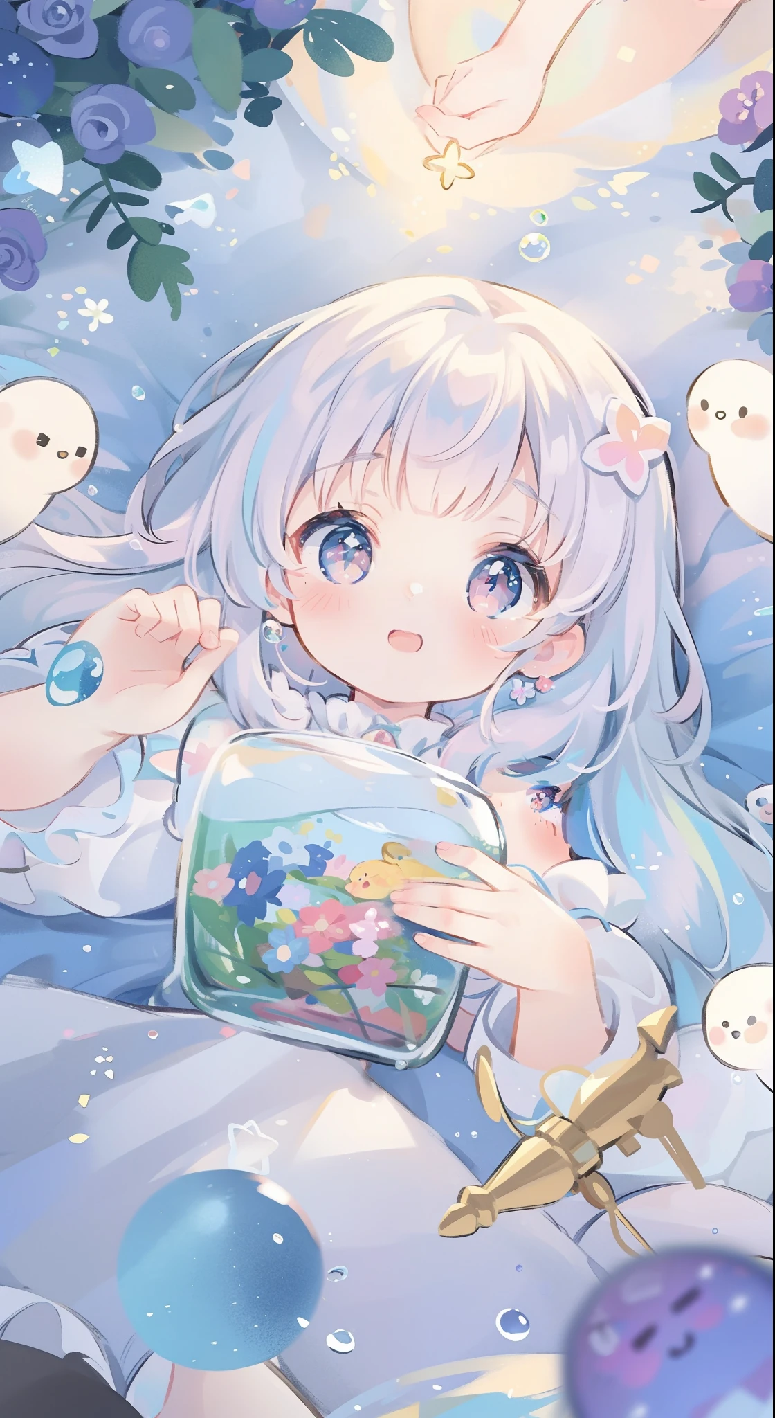 masterpiece, best quality, 8k resolution, sharp focus, intricate detail, beautiful girl, sparkling eyes, golden ratio face, otherworldly liquid, watercolor, pastel colors, bright colors, whimsical, colorful, sharp focus, high resolution, fine detail, princess fantasy ballgown, ((round eyes)), iridescent bubbles
