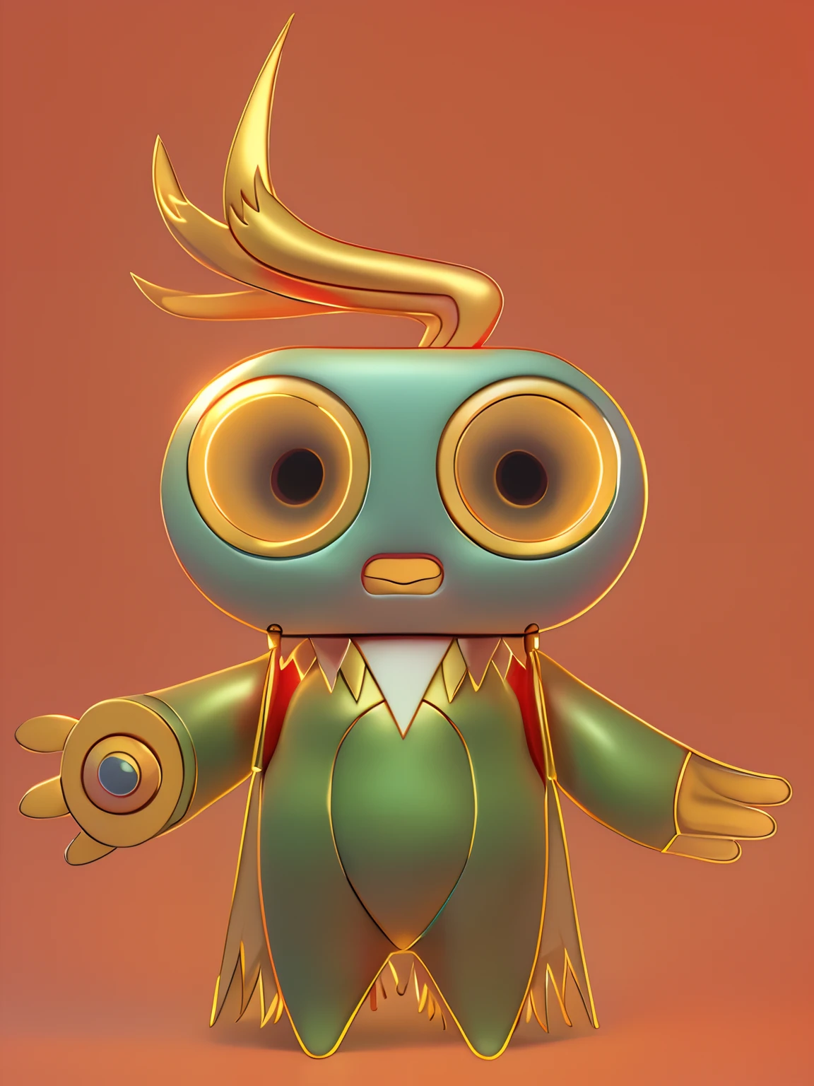 A chicken wearing a green gas mask, Left-handed white technology robotic arm,Right hand wing,red capelet,The lens lamp glows,cute big breasts,The chick,The dull hair is stained with paint,feater,Golden eye border,Beautiful color matching