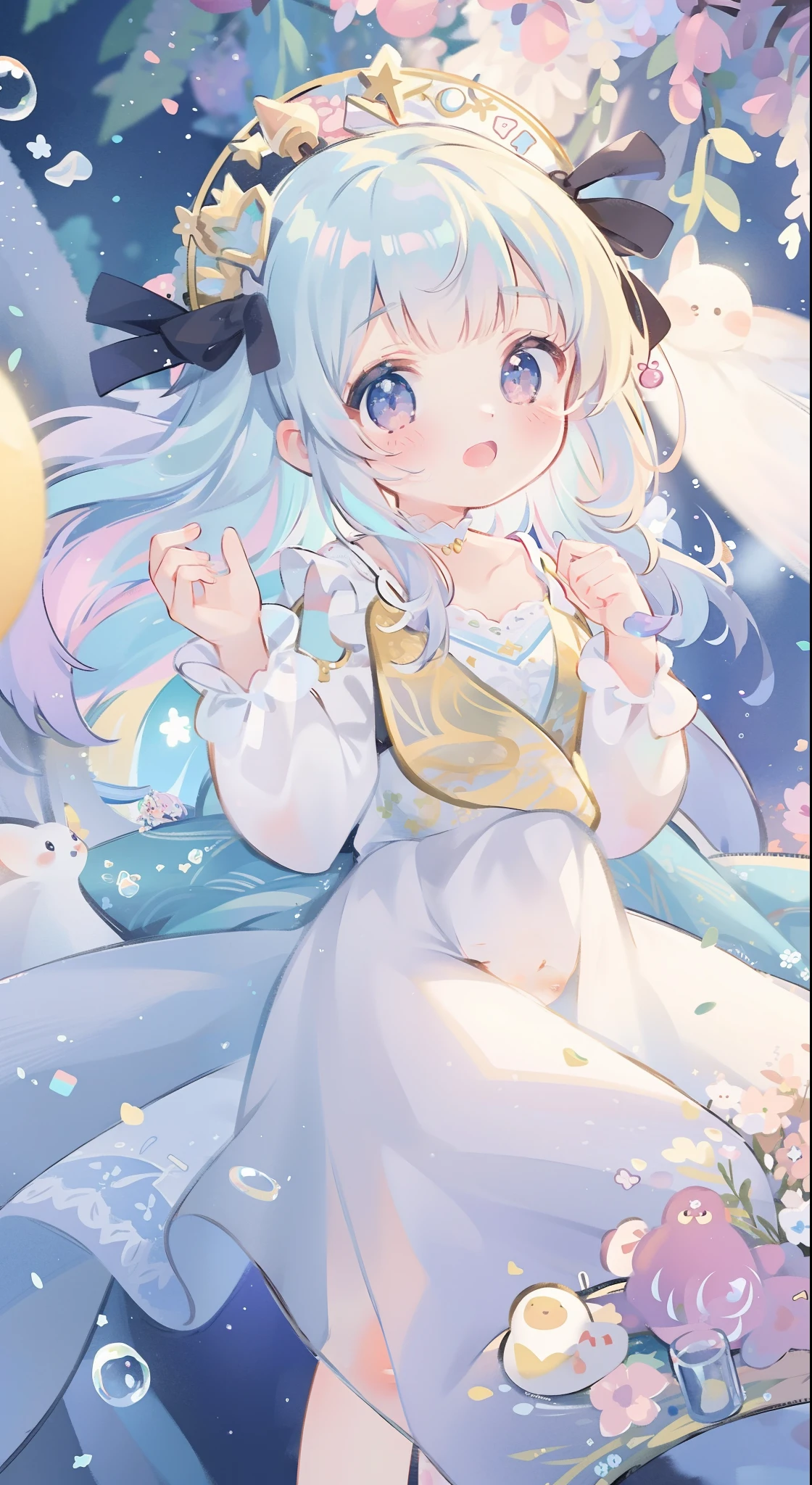 masterpiece, best quality, 8k resolution, sharp focus, intricate detail, beautiful girl, sparkling eyes, golden ratio face, otherworldly liquid, watercolor, pastel colors, bright colors, whimsical, colorful, sharp focus, high resolution, fine detail, princess fantasy ballgown, ((round eyes)), iridescent bubbles