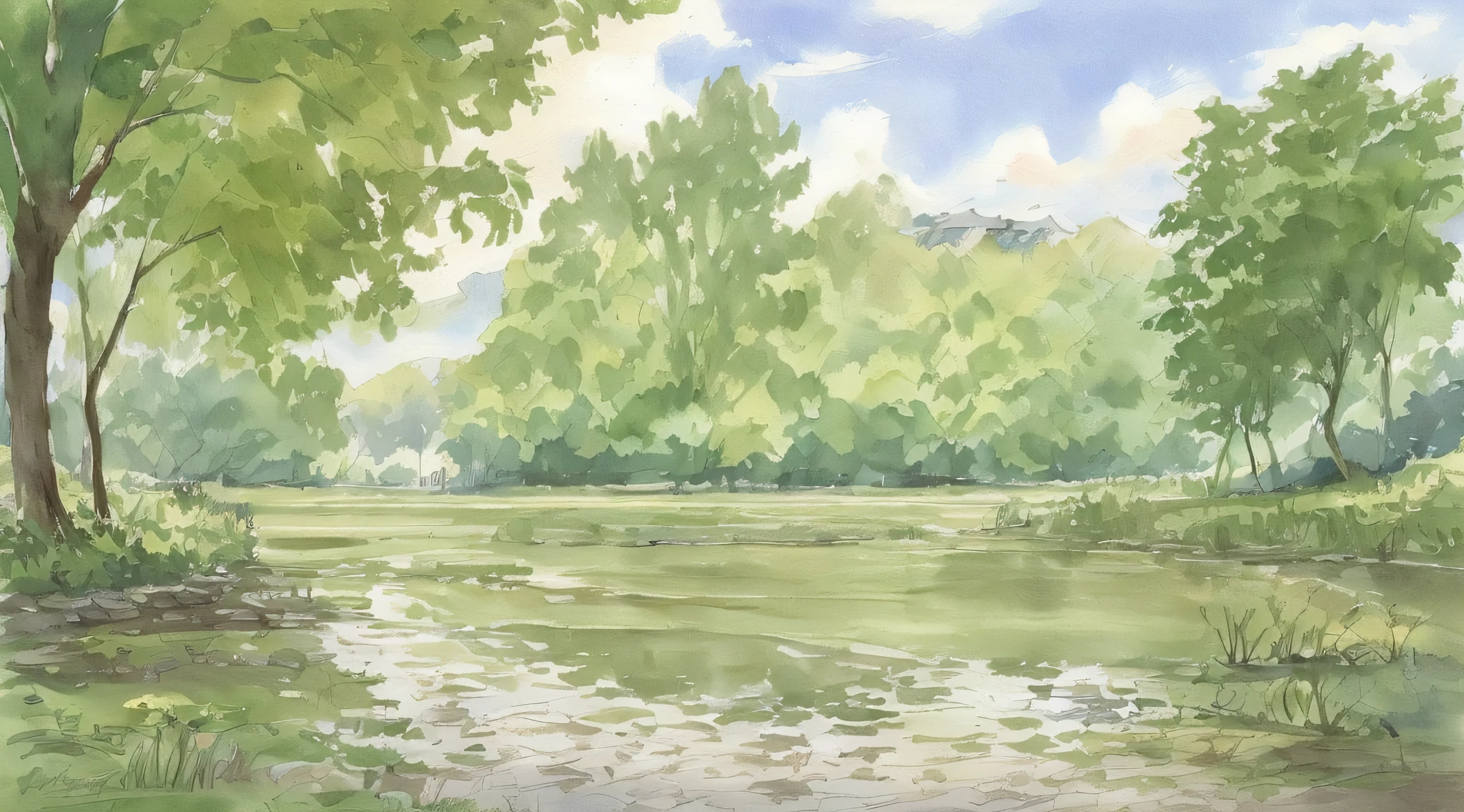 Watercolor painting, small path of Chinese rural houses, trees, bright sun, shade,
