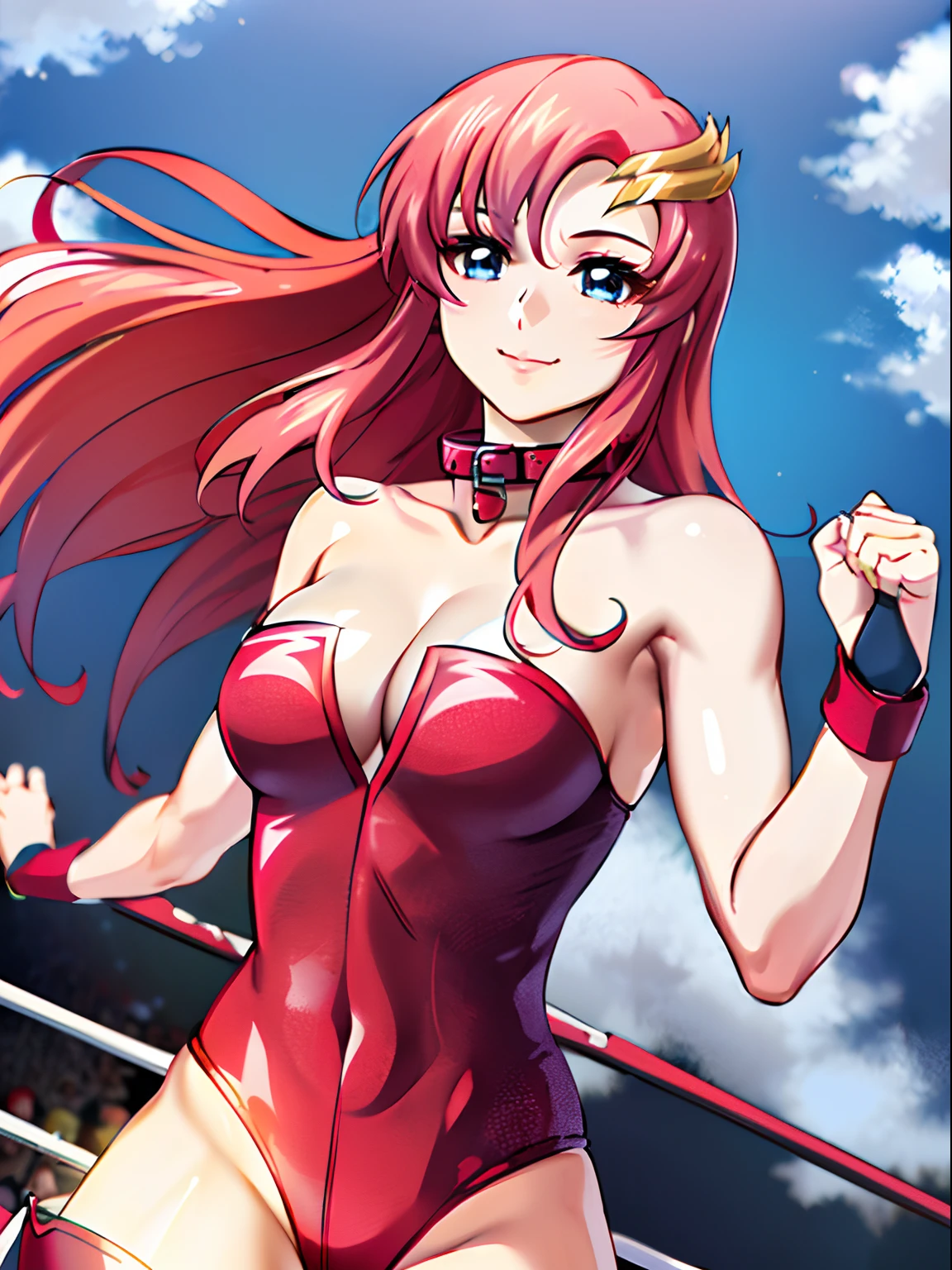 (((red strapless wrestling outfit, collar, red boots))), (upper body view, masterpiece, big mouth, 4K, Best Quality, Anime style: 1.9,, Adult Woman, (cloud background), Drawing lines, Anime, lacus4), 1girl, Solo, , Long hair, 鎖骨, scapular, (wide bangs, missy hair, floating hair, Hair Ornament, Detailed reddish-pink hair, golden crest), large hands, (). (Big blue eyes), ((little biceps, slender body, hourglass figure, broad shoulders, closed fists)), ((perfect proportions, medium breasts, cleavage, long belly)), (((mini red wrestling outfit))), ( looking at the viewer, smile),