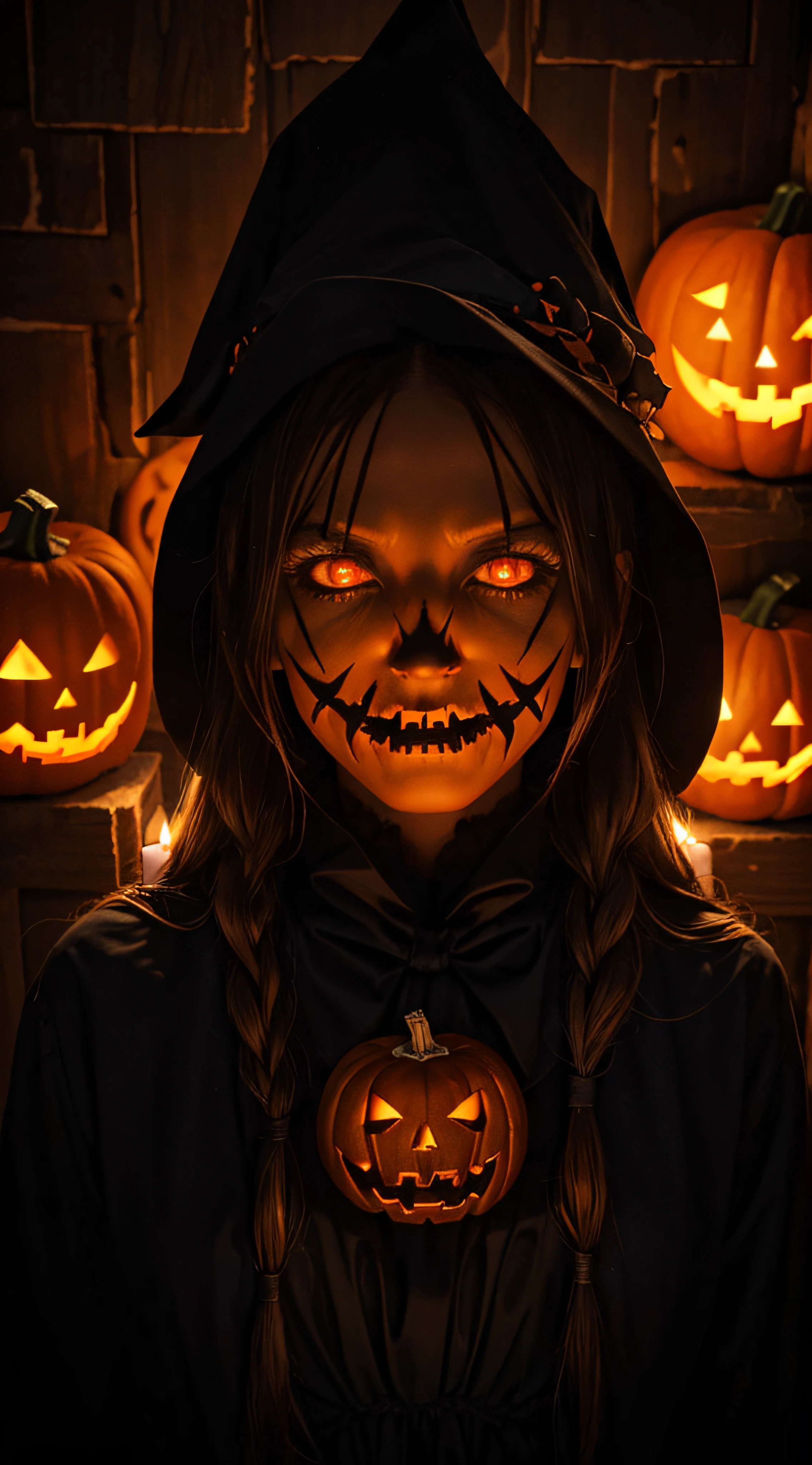 high quality, HD, realistic, scary, Halloween, scarecrow with jack-o'lantern head, jack-o'lantern heart, lit candle, strange, carved pumpkin, scary atmosphere, dark shadows, twinkling light, horror movie vibes, orange and black color palette, haunted house.