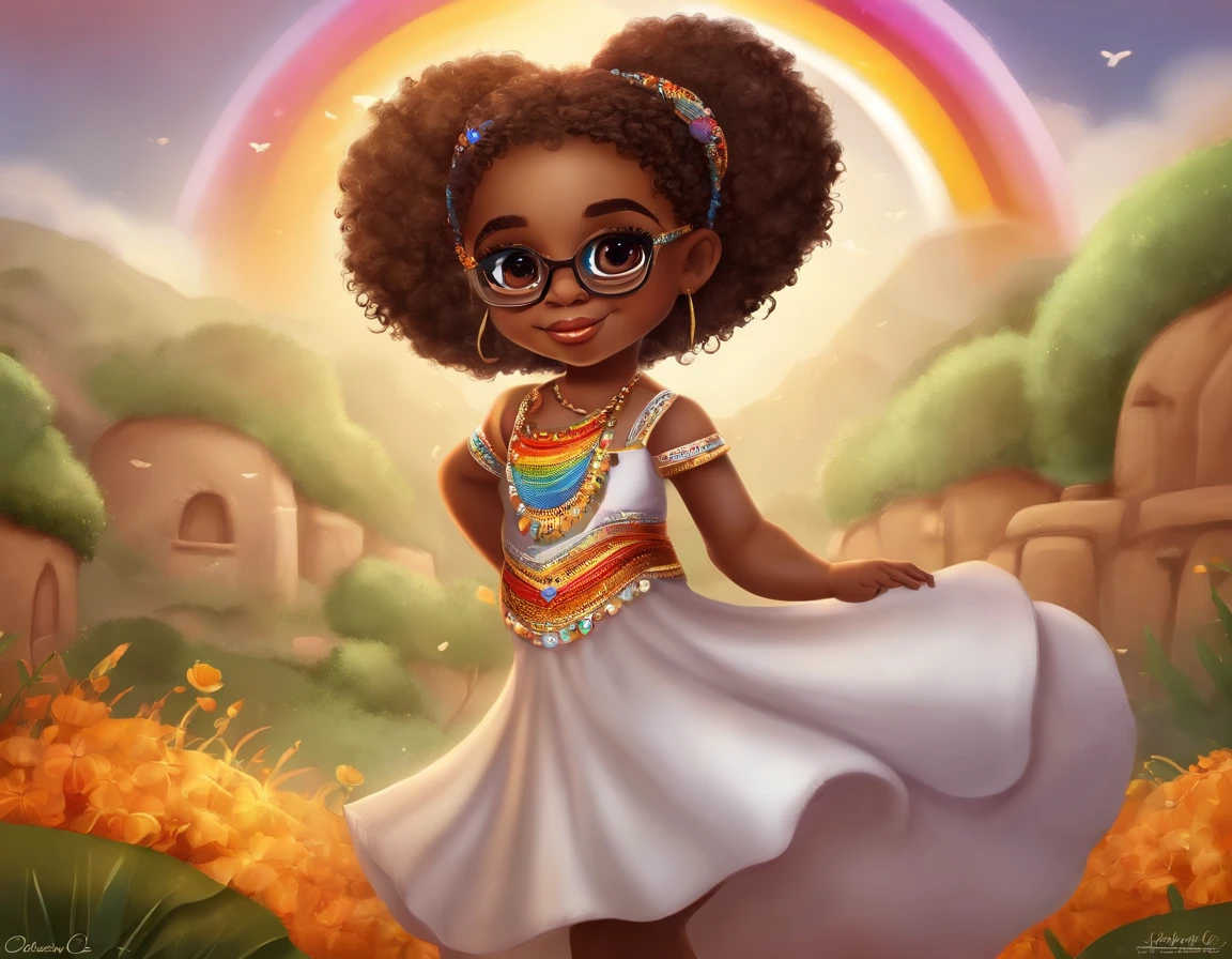 africana, cabelo cacheado, chibi, corpo inteiro, olhos grandes e castanhos, sentada, In the background a rainbow with the word "BEATRIZ",Background Silica Color, com vestido laranja, bespectacled, imagem 3d