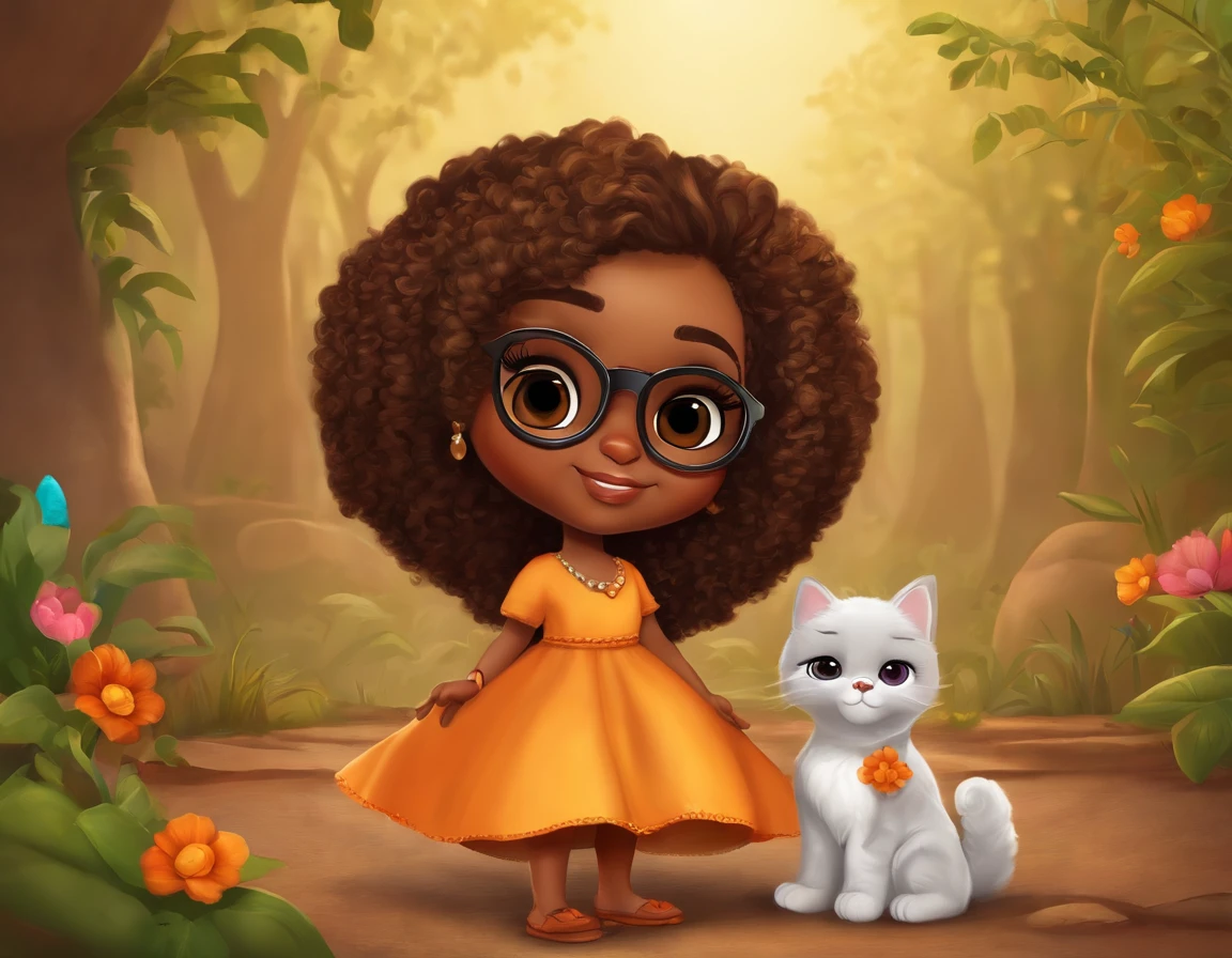 menina africana, cabelo cacheado, chibi, corpo inteiro, olhos grandes e castanhos, sentada, In the background a rainbow with the word "BEATRIZ",Background Silica Color, com vestido laranja, bespectacled, imagem 3d