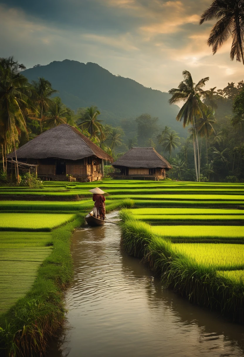 the atmosphere of a village in Indonesia in the past, there were people plowing rice fields next to a beautiful river