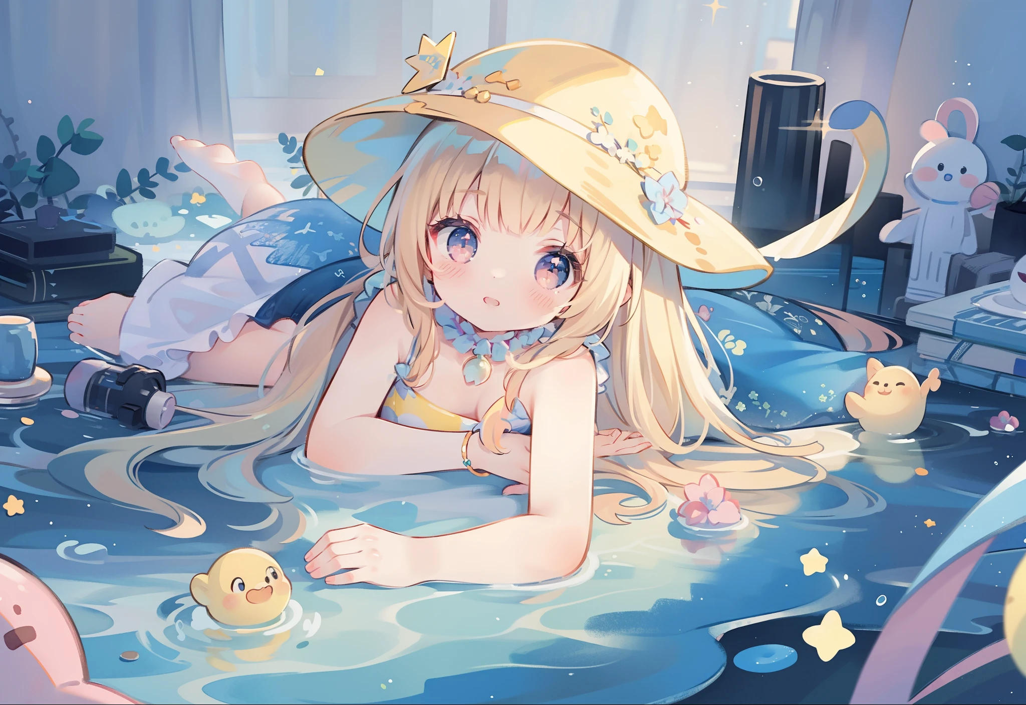 (masterpiece, best quality:1.2), (absurdres, highres, ultra-detailed), (perfect anatomy),
Beautiful woman、Night Pool、Riding on a cute float、Blonde、Fluffy longhair、Yellow-green eyes、Background glitter、night、Crescent Moon、heart、White frilly swimsuit
(8K, RAW photo:1.2),detailed face and eyes,intricate detail ,masterpiece ,sharp focus, high quality,BREAK,rating: general, newest