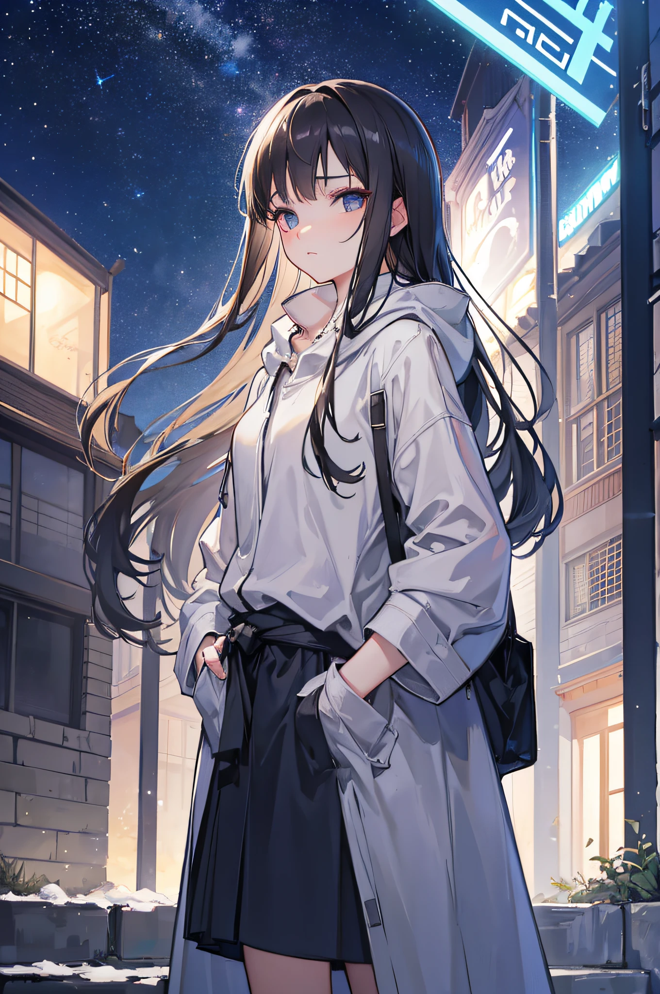 Beautiful girl in gray robe standing under the stars, epic style, rendering by octane,Beautiful face, Hyperrealistic, oil on the canvas, Award-winning, Masterpiece, trending on artstationh, by Ghibli Studio, Brunette girl 25 years old, not looking directly at camera, Tyndall effect, Hands in your clothes pockets, one meter seven
