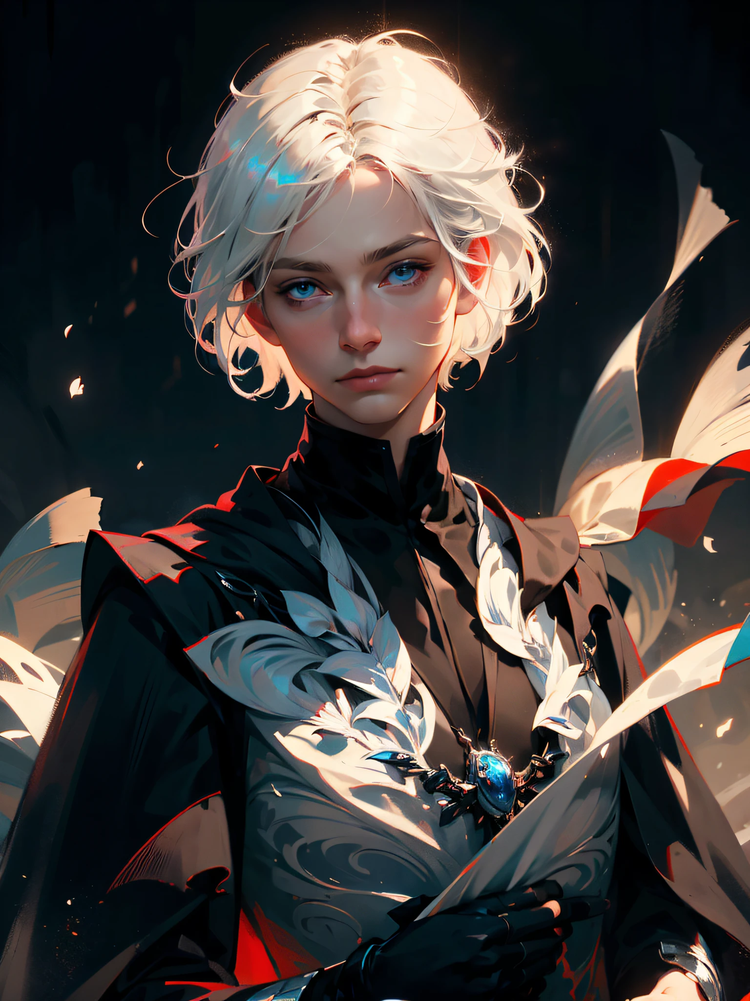(Best Quality, Masterpiece:1.3), 1boy, the pose, particle, the wind, upper-body, Simple background, looking a viewer, Focus on the face, Silver hair, Short hair, blue eyes, black mantle, pale skin, soft light, (male), ((Bangs)),
