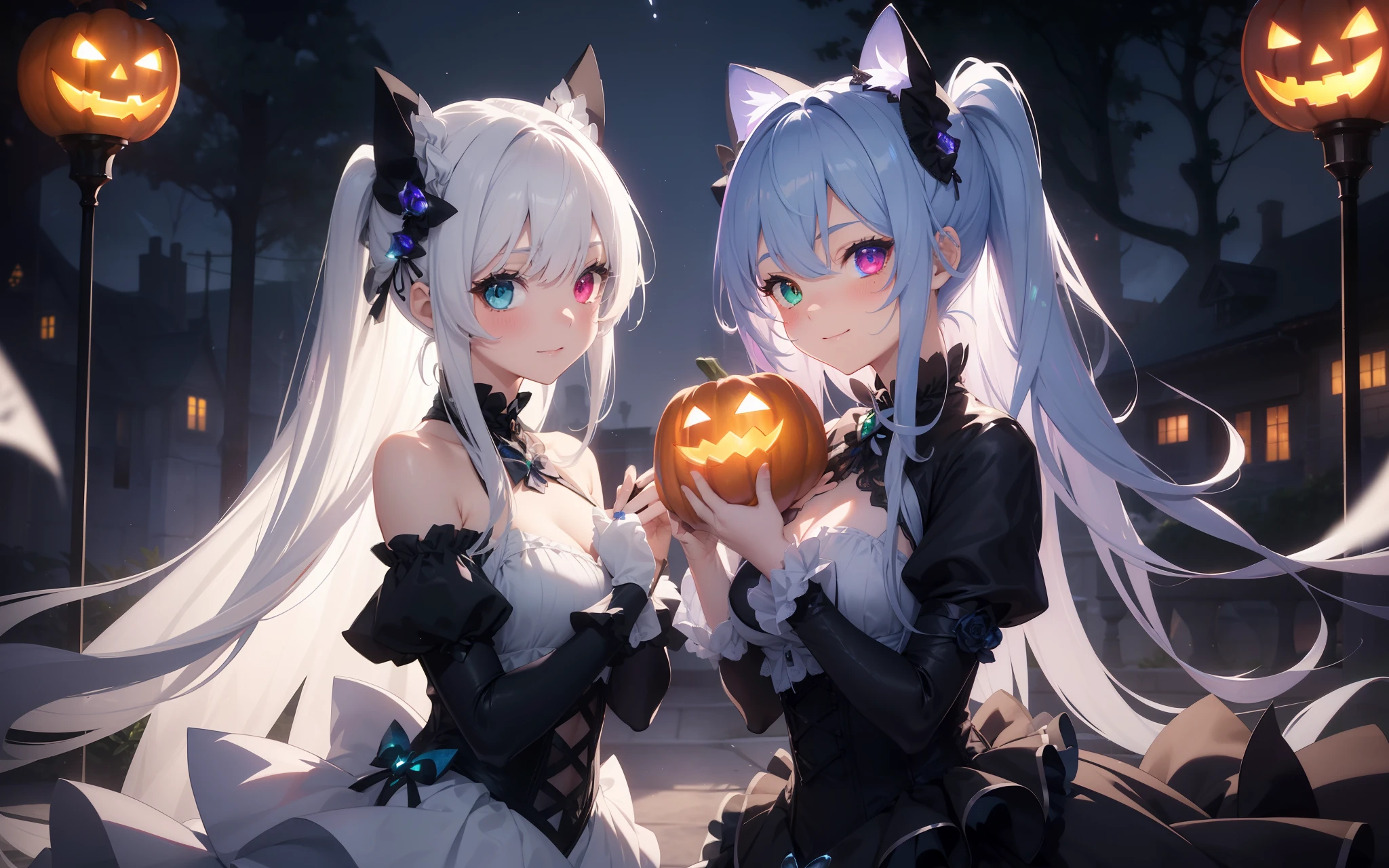Highest quality、Photorealsitic、The ultra-detailliert、delicate、orderly、High Details、bluish-silver ponytail、(Drooping heterochromia iris:1.4)、Gamine、10yaers old、embarrassed from、a smile、A slender、fullllbody、blured background、(1 girl in:1.2)、GameCG、dynamic ungle、(Bioluminescent hair、radiant eyes:1.2)、ambient occlusion、ambient lights、ray trace reflection、Glow、glowing aura、Radiant hair、Halloween, jack-o-lanterns, Witch, Night,Large quantities of jack-o'-lanterns, fullmoon、Black Cat and Witch、