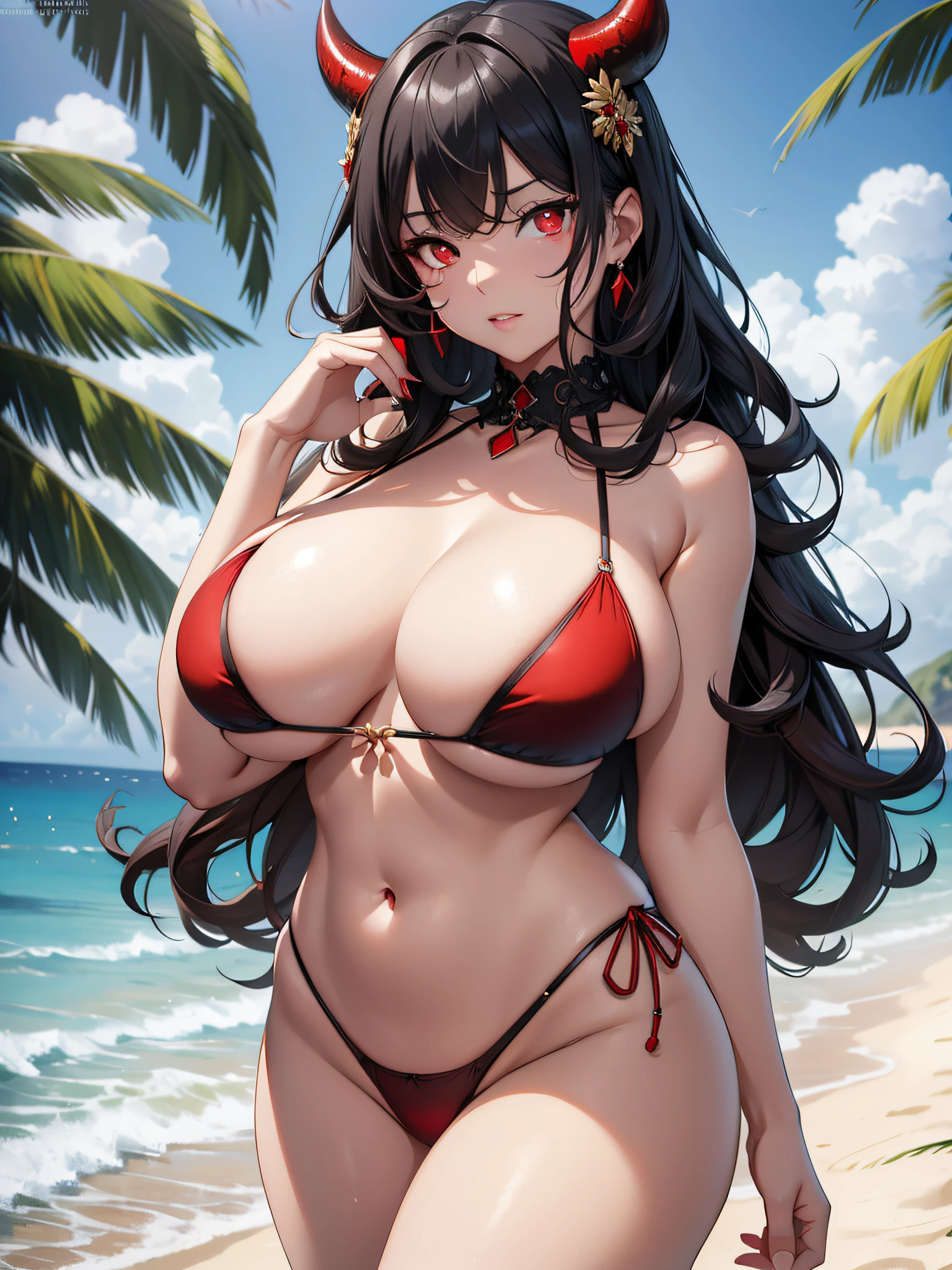 absurd, 8K, high resolution, ultra-detailed, beautiful, masterpiece, best quality, on the beach, young, very pretty woman, sexy, curvy, transparent bikini:1.5), white horns, detailed woman's face, very attractive, (very big breasts:1.5 ), curly long hair, black hair, (red eyes:1.5)