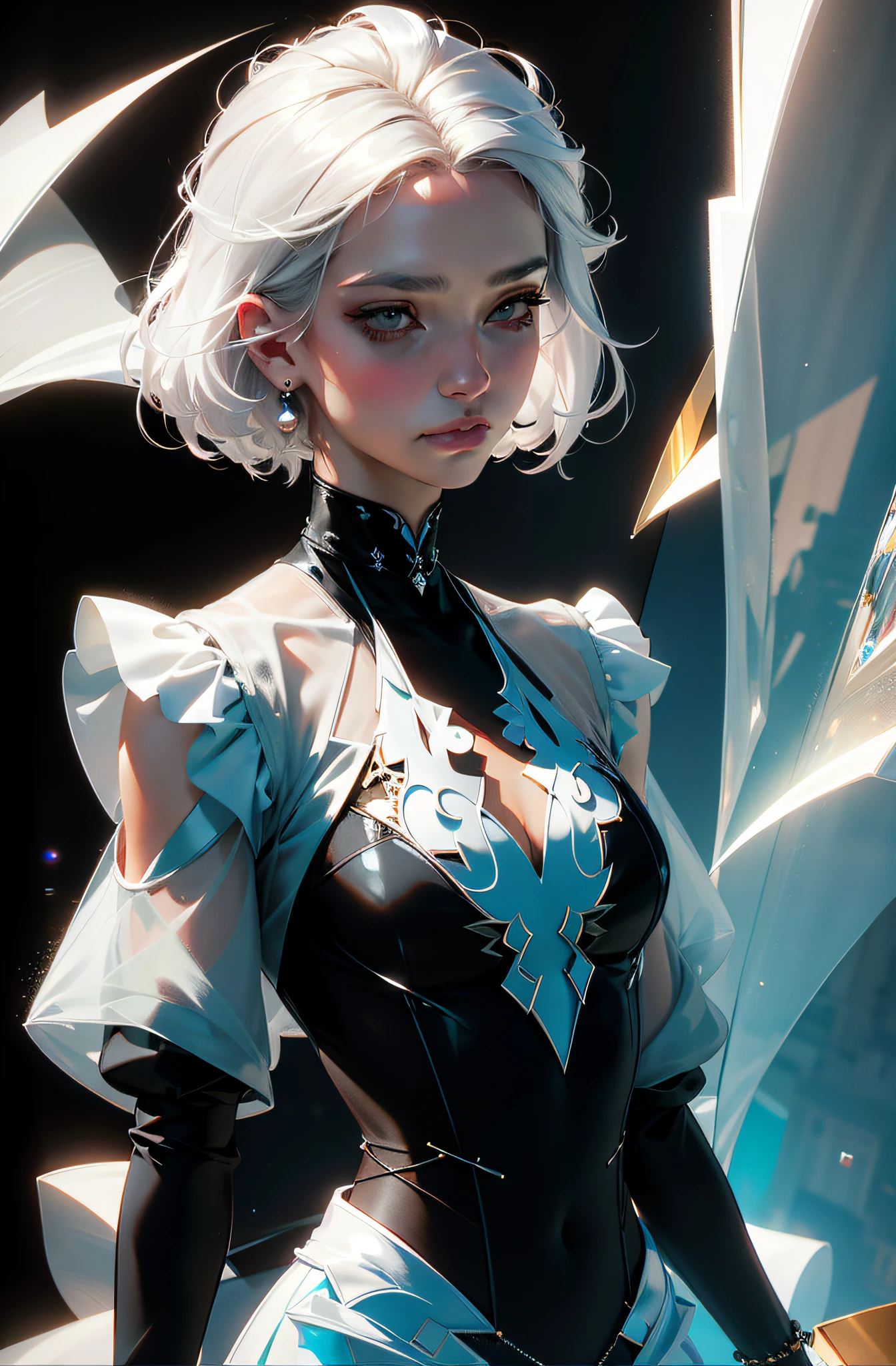 Highest Quality, Perfect masterpiece, perfect work, Official work, 8K, (upper-body: 1.3), (side: 1.5)), a closeup of a, gentle face, r old,ay-haired girl, (white colored hair: 1.5), Medium and short hair, ((White transparent eyes: 1.2)), (whitedress: 1.2), (Sheer clothing: 1.2), (Black background: 1.3), The Pearl Illusion, ciberpunk, Fashion trend, Материал 3s, HD, Granularity of performance, c4d, ..3d, Octane rendering, Ray Tracing, intricate detials, Animated lighting, OCrenderer,