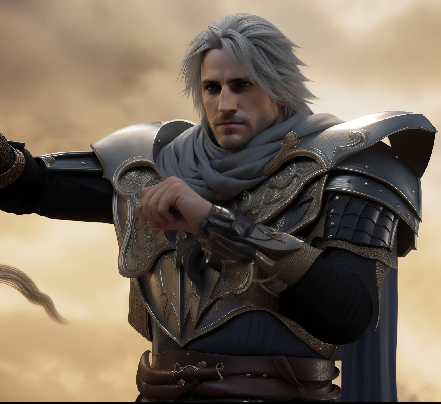imagem arafed de um homem em armadura segurando uma espada, Alfric Overguard, Arsen Lupin como um paladino, thancred waters, Detalhes do caractere 8K, imagem de um guerreiro masculino adulto, personagem de final fantasy, Alma Calibur, picture of a male cleric, thancred waters in style of wlop, Retrato de Thancred, personagem de jogo de luta